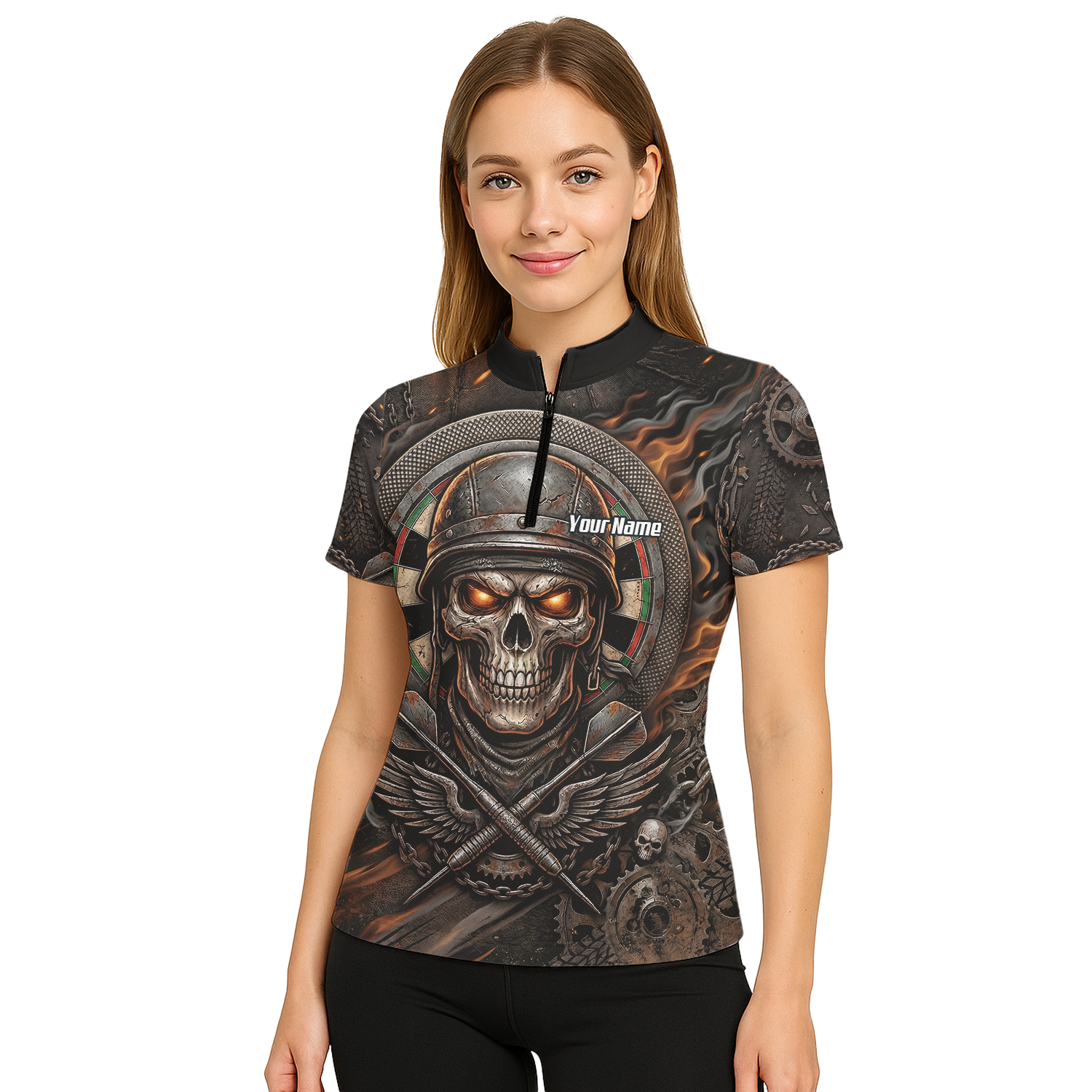 Personalised Skull Helmet Dart Jersey for Women Custom Name Darts Polo Shirt Fire Flame Sublimation Design B5126