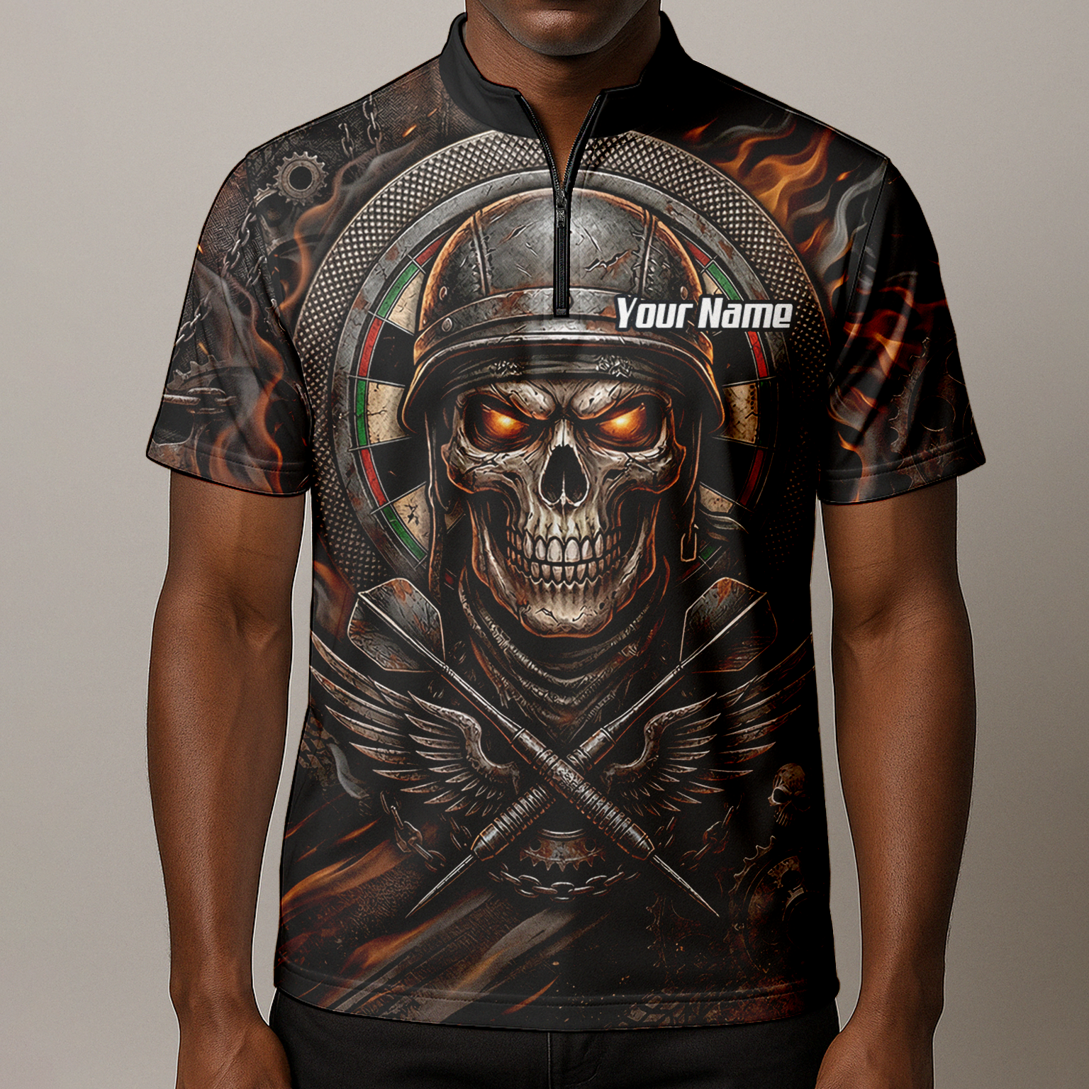 Personalised Skull Helmet Dart Jersey for Men Custom Name Darts Polo Shirt Fire Flame Sublimation Design B5126