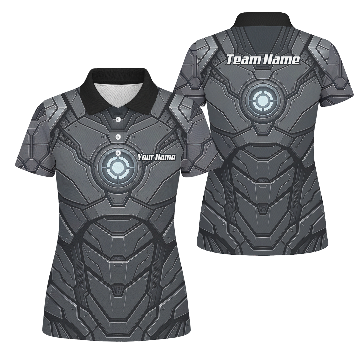 Personalised Women's Cybernetic Robot Armor Dart Jersey Custom Name Team Polo Shirt Grey Black C3855