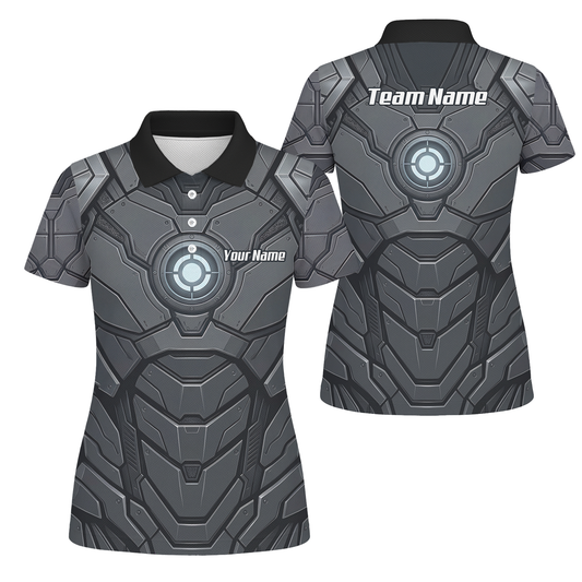 Personalised Women's Cybernetic Robot Armor Dart Jersey Custom Name Team Polo Shirt Grey Black C3855