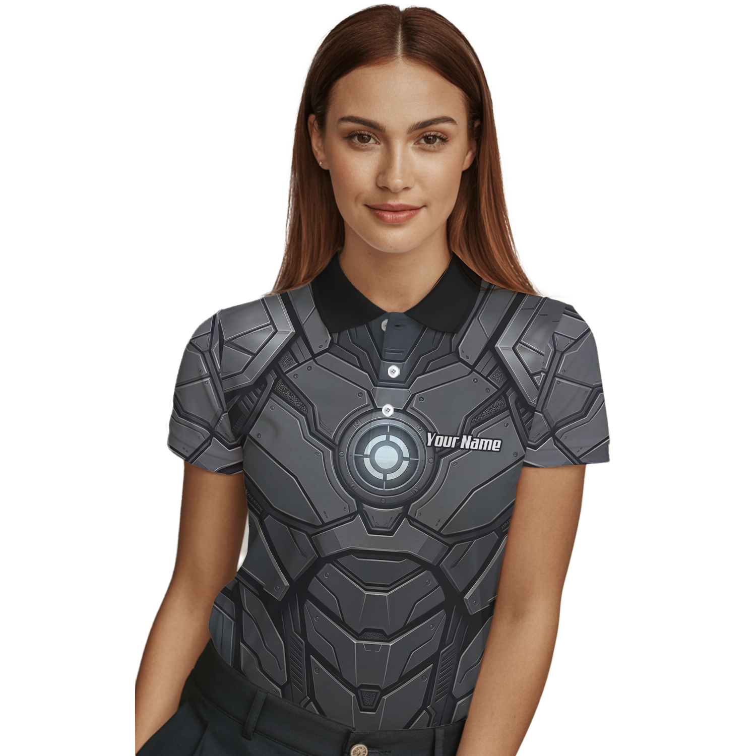 Personalised Women's Cybernetic Robot Armor Dart Jersey Custom Name Team Polo Shirt Grey Black C3855
