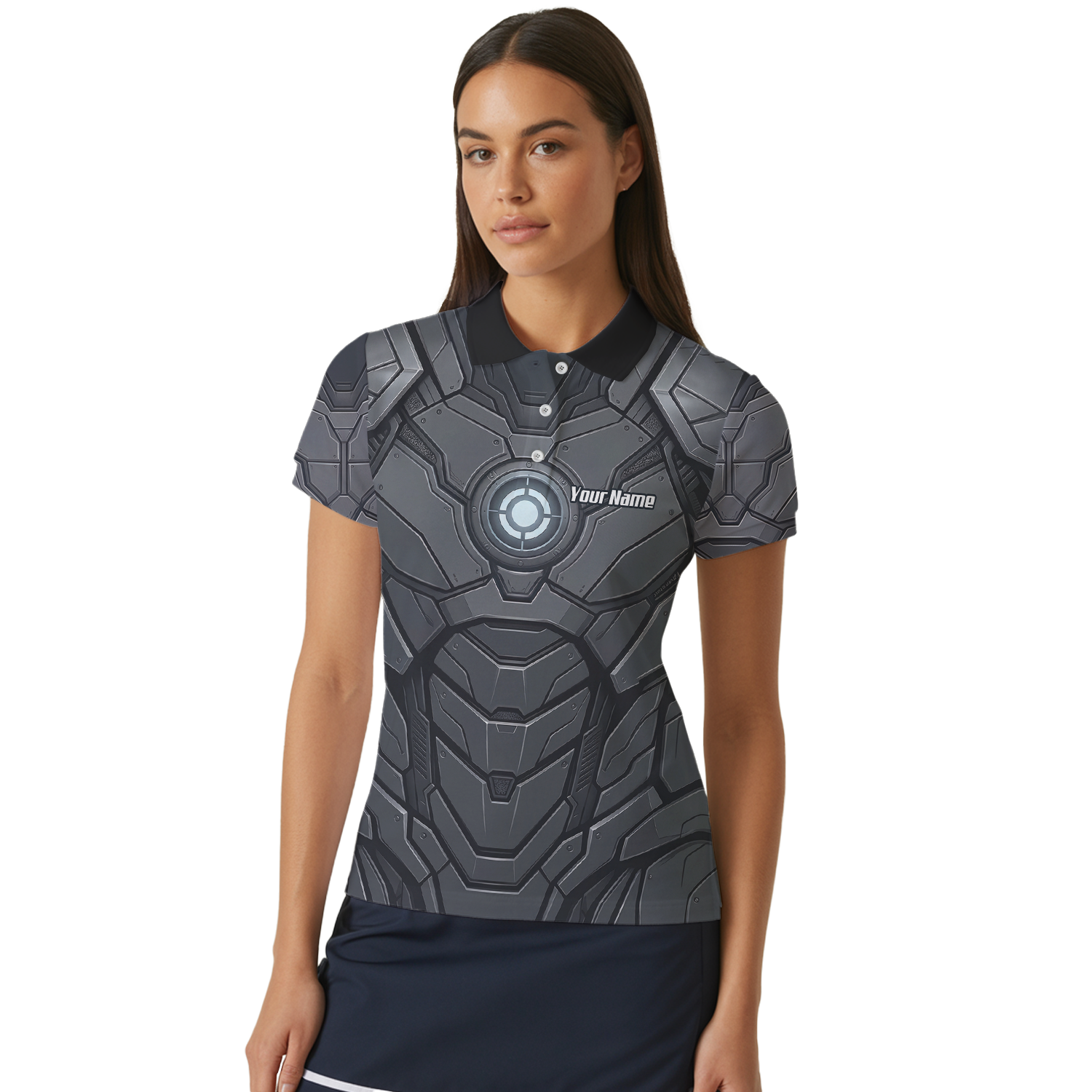 Personalised Women's Cybernetic Robot Armor Dart Jersey Custom Name Team Polo Shirt Grey Black C3855