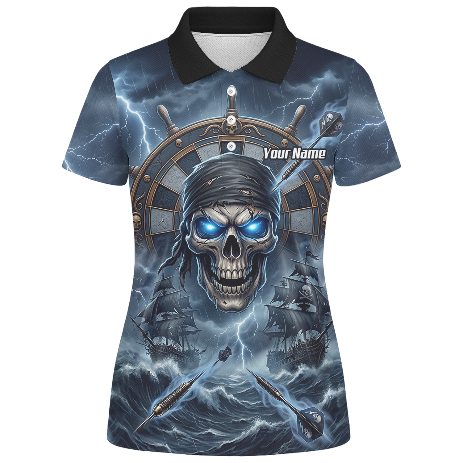 Personalised Pirate Skull Dart Jersey for Women Blue Lightning Storm Custom Dart Shirt Polo C6638