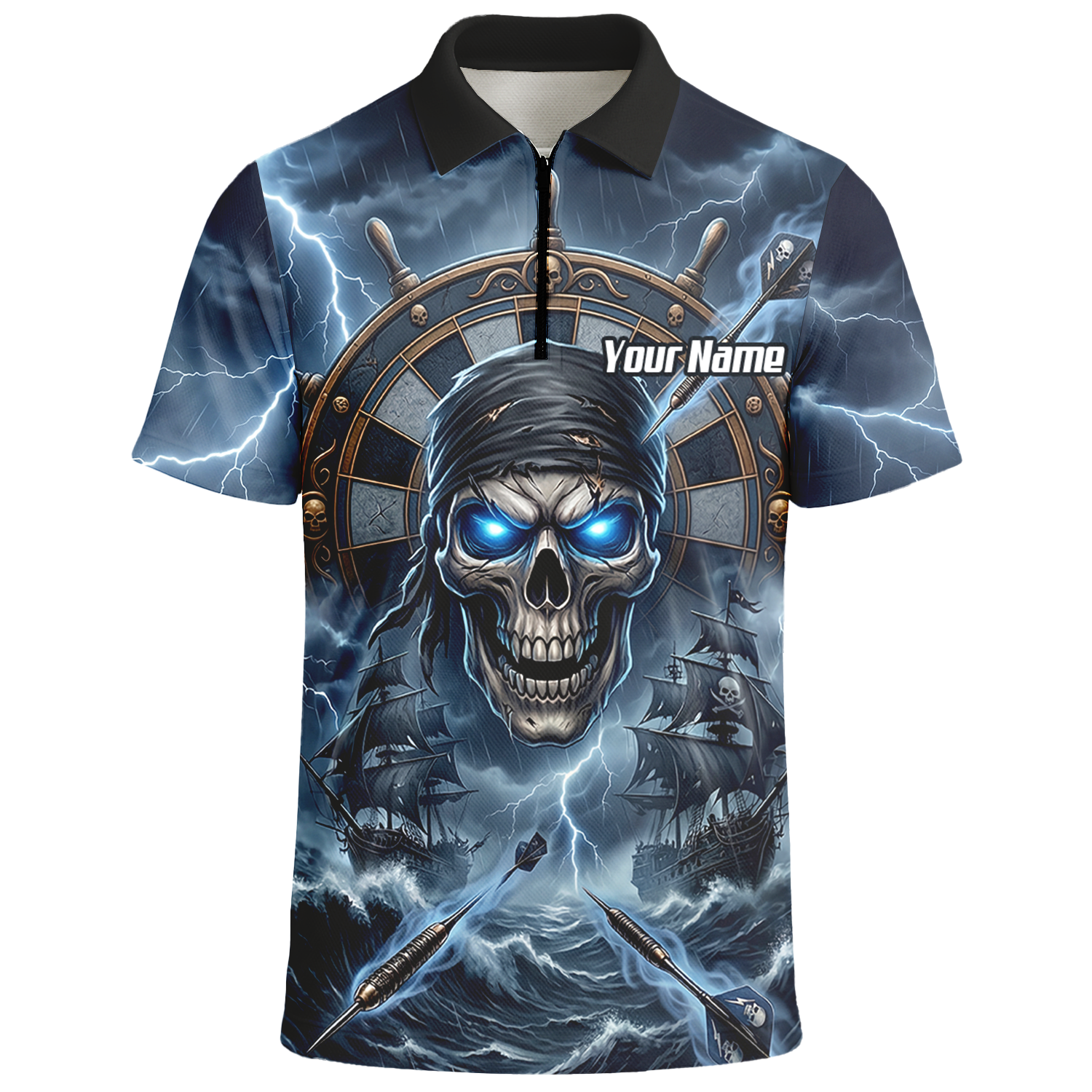 Personalised Pirate Skull Dart Jersey for Men Blue Lightning Storm Custom Dart Shirt Polo C6638