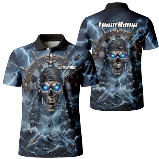 Personalised Pirate Skull Dart Jersey for Men Blue Lightning Storm Custom Dart Shirt Polo C6638