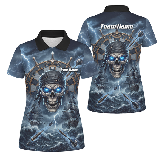 Personalised Pirate Skull Dart Jersey for Women Blue Lightning Storm Custom Dart Shirt Polo C6638
