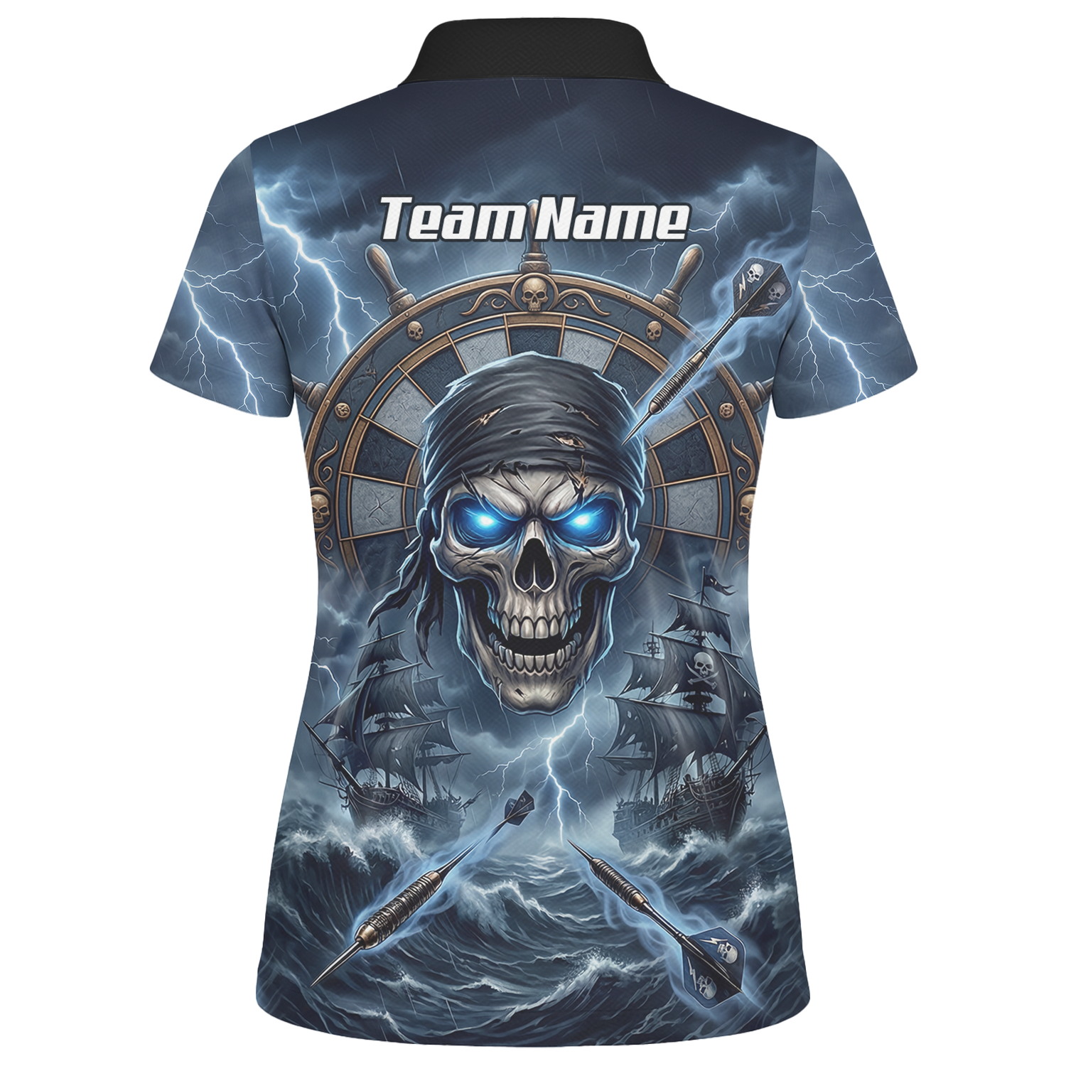 Personalised Pirate Skull Dart Jersey for Women Blue Lightning Storm Custom Dart Shirt Polo C6638