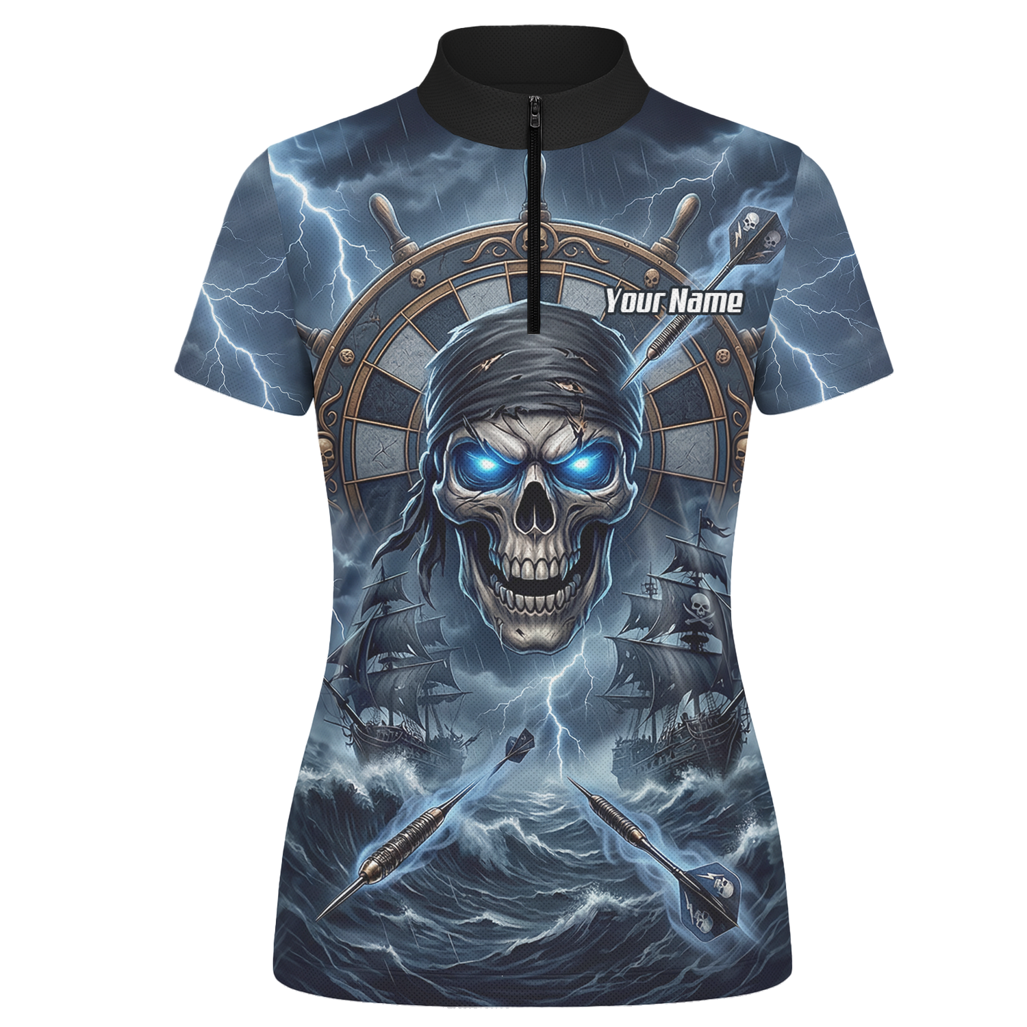 Personalised Pirate Skull Dart Jersey for Women Blue Lightning Storm Custom Dart Shirt Polo C6638
