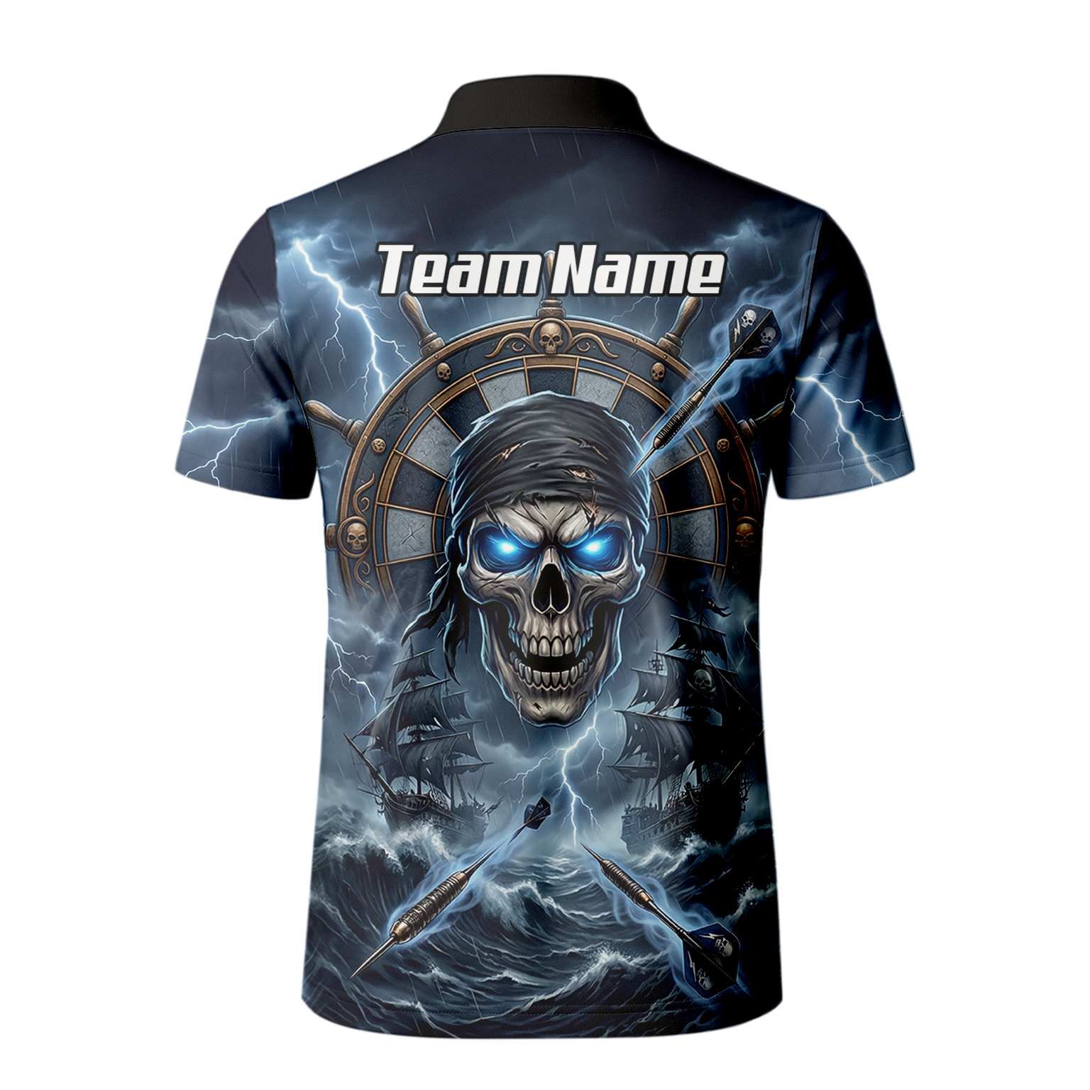 Personalised Pirate Skull Dart Jersey for Men Blue Lightning Storm Custom Dart Shirt Polo C6638