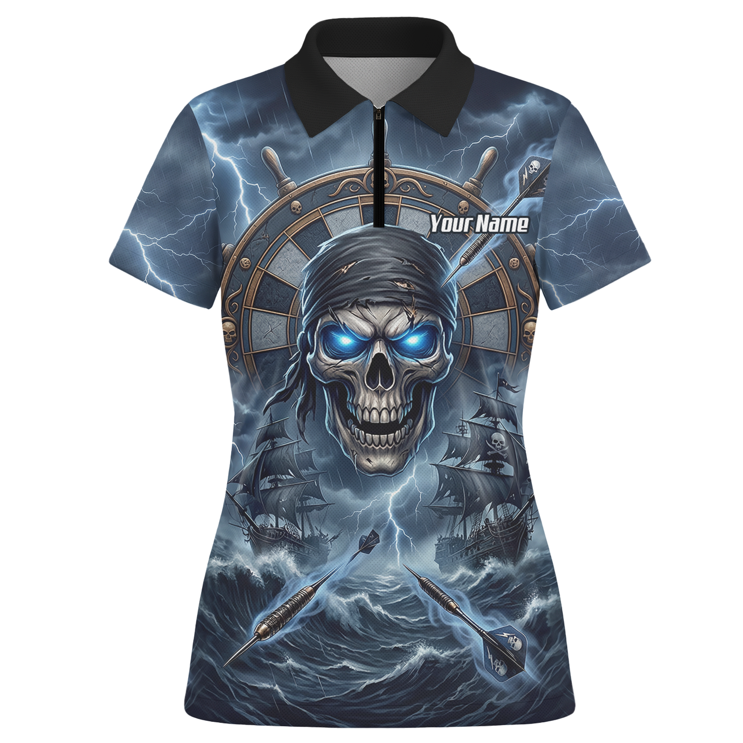 Personalised Pirate Skull Dart Jersey for Women Blue Lightning Storm Custom Dart Shirt Polo C6638