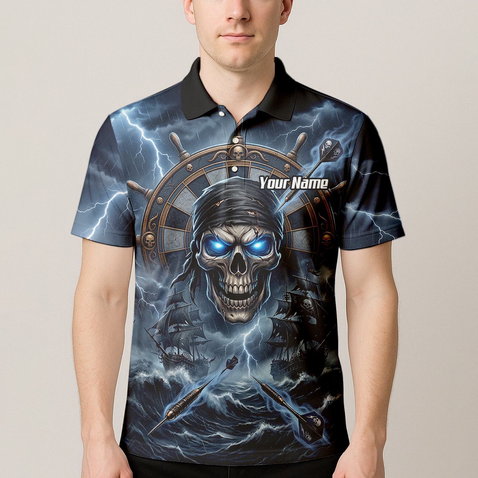 Personalised Pirate Skull Dart Jersey for Men Blue Lightning Storm Custom Dart Shirt Polo C6638