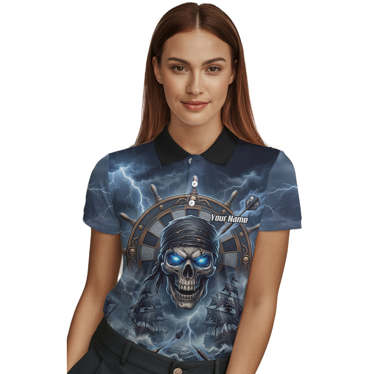 Personalised Pirate Skull Dart Jersey for Women Blue Lightning Storm Custom Dart Shirt Polo C6638