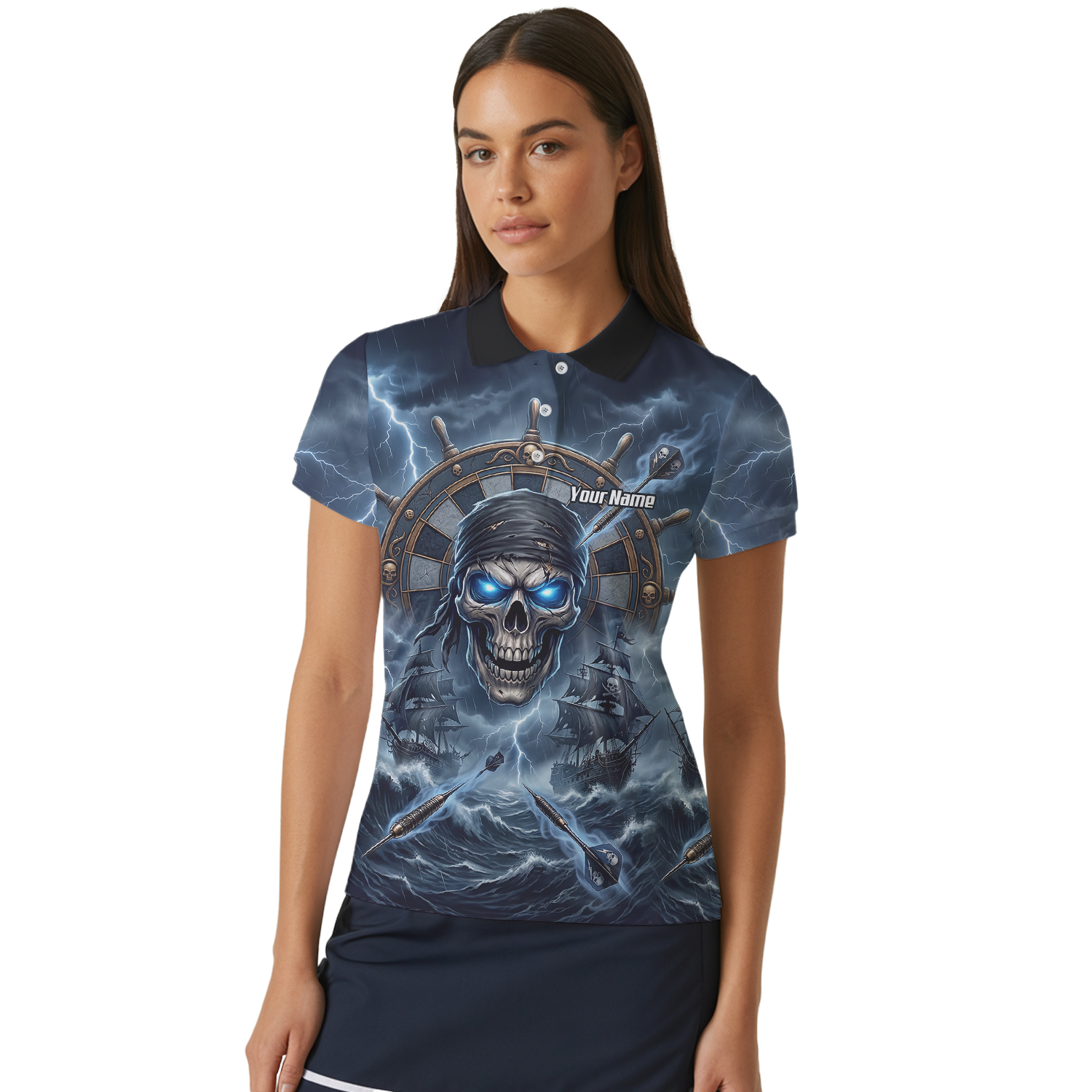 Personalised Pirate Skull Dart Jersey for Women Blue Lightning Storm Custom Dart Shirt Polo C6638