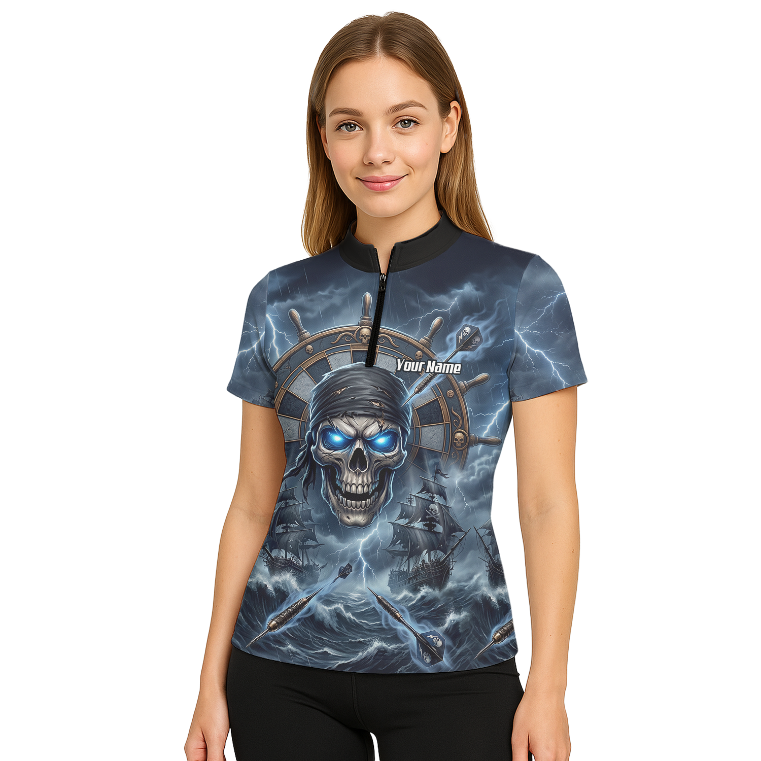 Personalised Pirate Skull Dart Jersey for Women Blue Lightning Storm Custom Dart Shirt Polo C6638