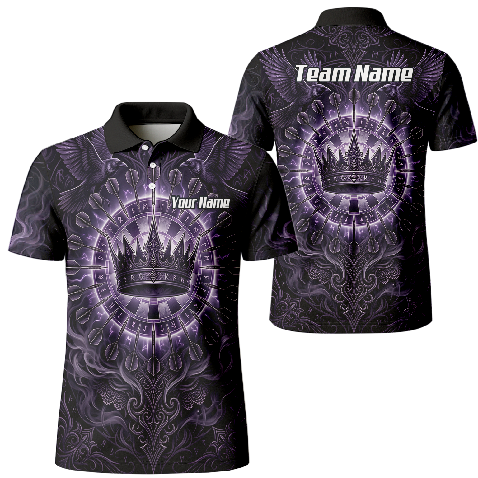 Personalised Purple Crown and Raven Dart Jersey for Men Custom Name Team Polo Shirt Black Purple C8212