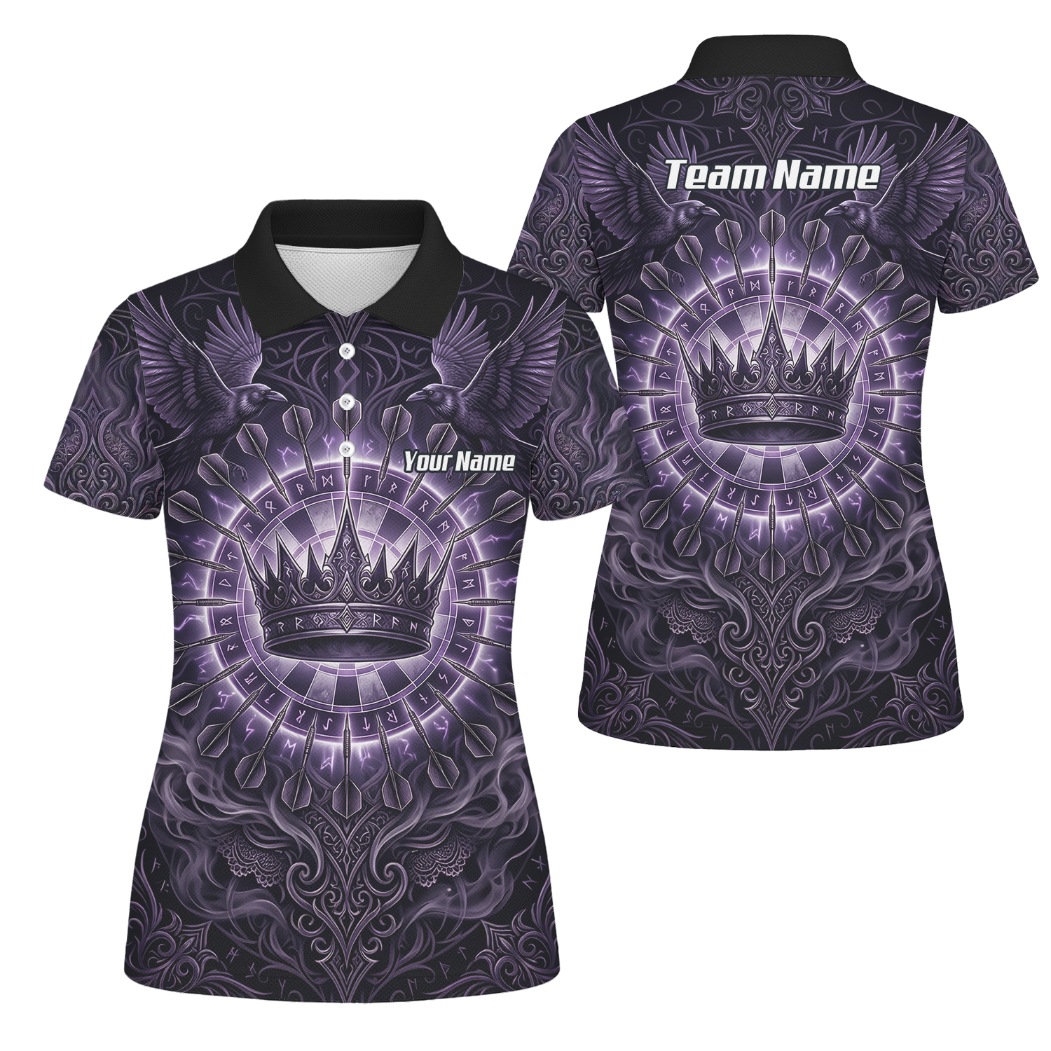 Personalised Purple Crown and Raven Dart Jersey for Women Custom Name Team Polo Shirt Black Purple C8212