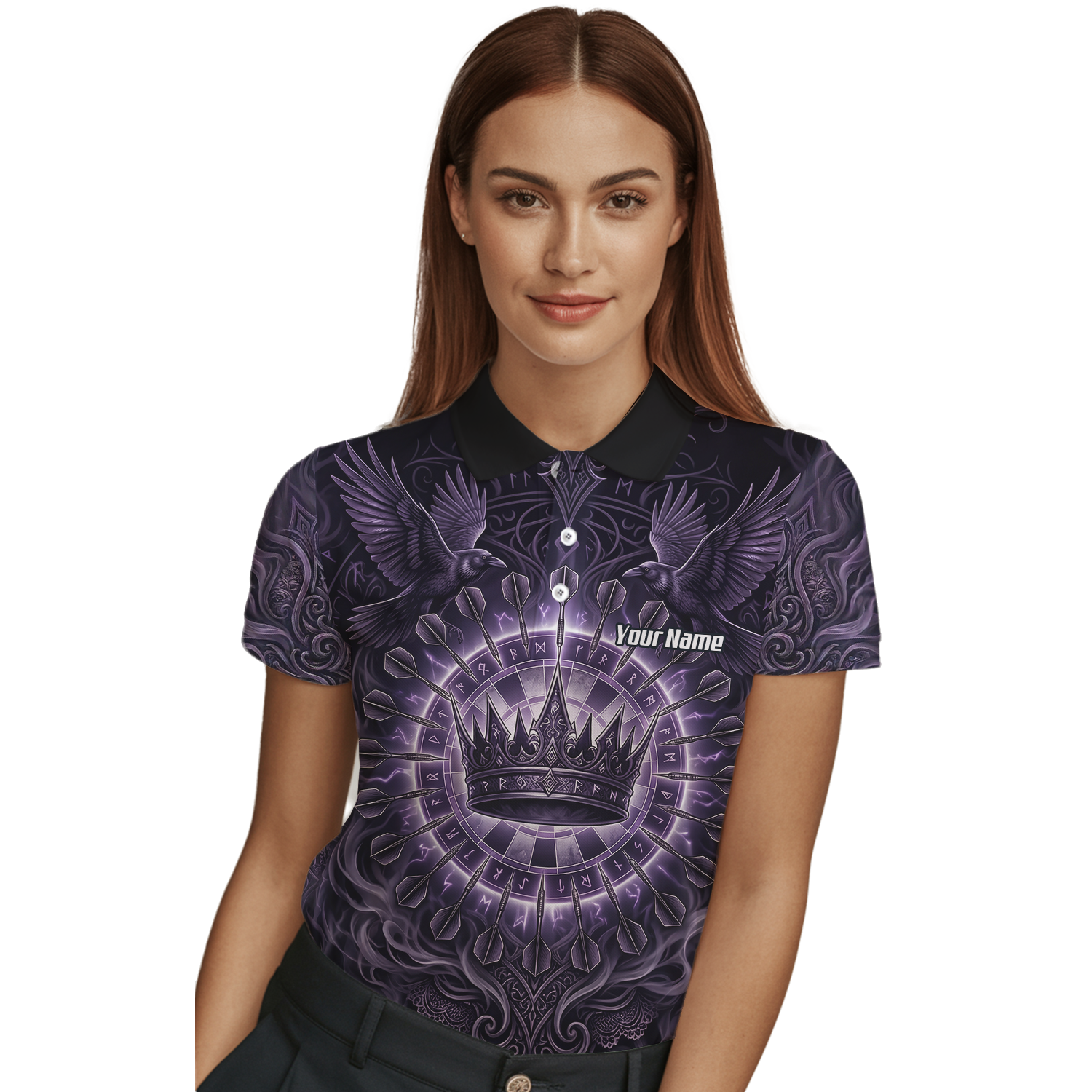 Personalised Purple Crown and Raven Dart Jersey for Women Custom Name Team Polo Shirt Black Purple C8212