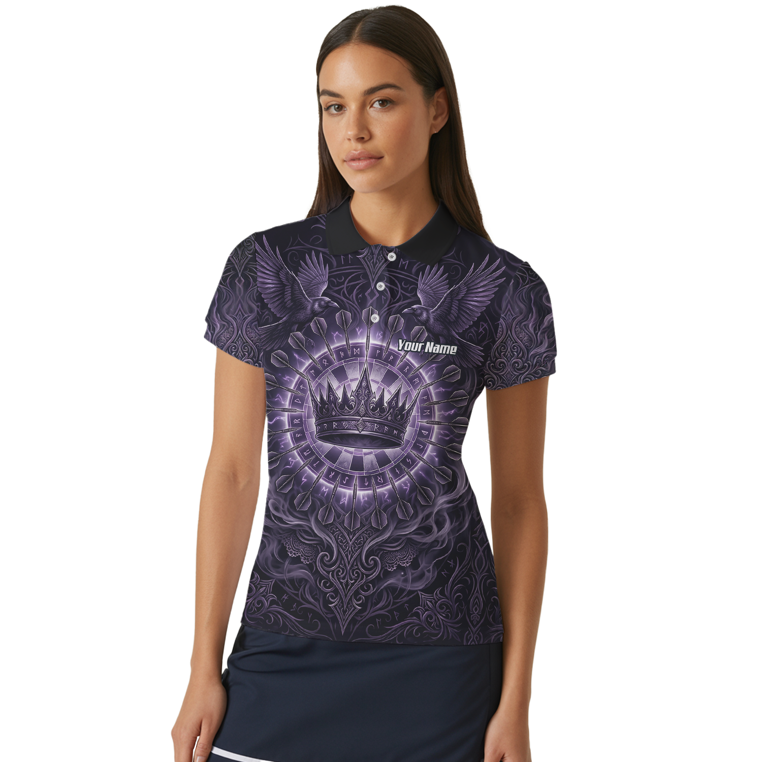 Personalised Purple Crown and Raven Dart Jersey for Women Custom Name Team Polo Shirt Black Purple C8212