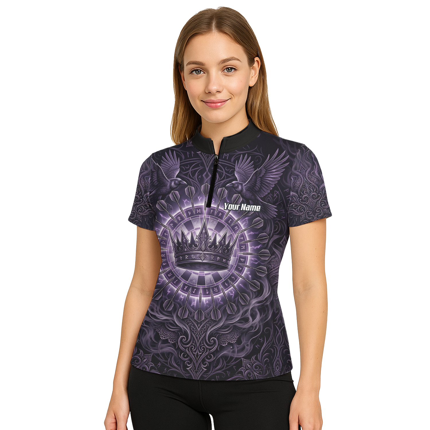 Personalised Purple Crown and Raven Dart Jersey for Women Custom Name Team Polo Shirt Black Purple C8212