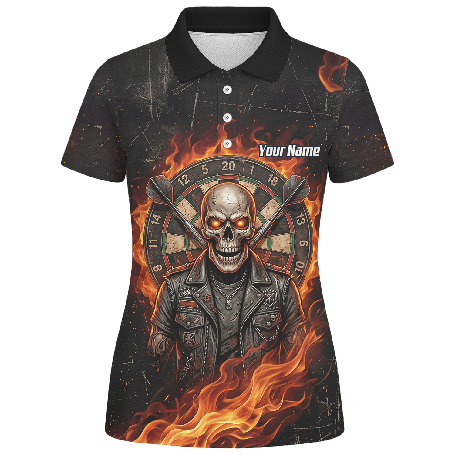 Personalised Flaming Skull Dart Jersey for Women Custom Name Team Biker Dartboard Polo Shirt Black Orange D8924