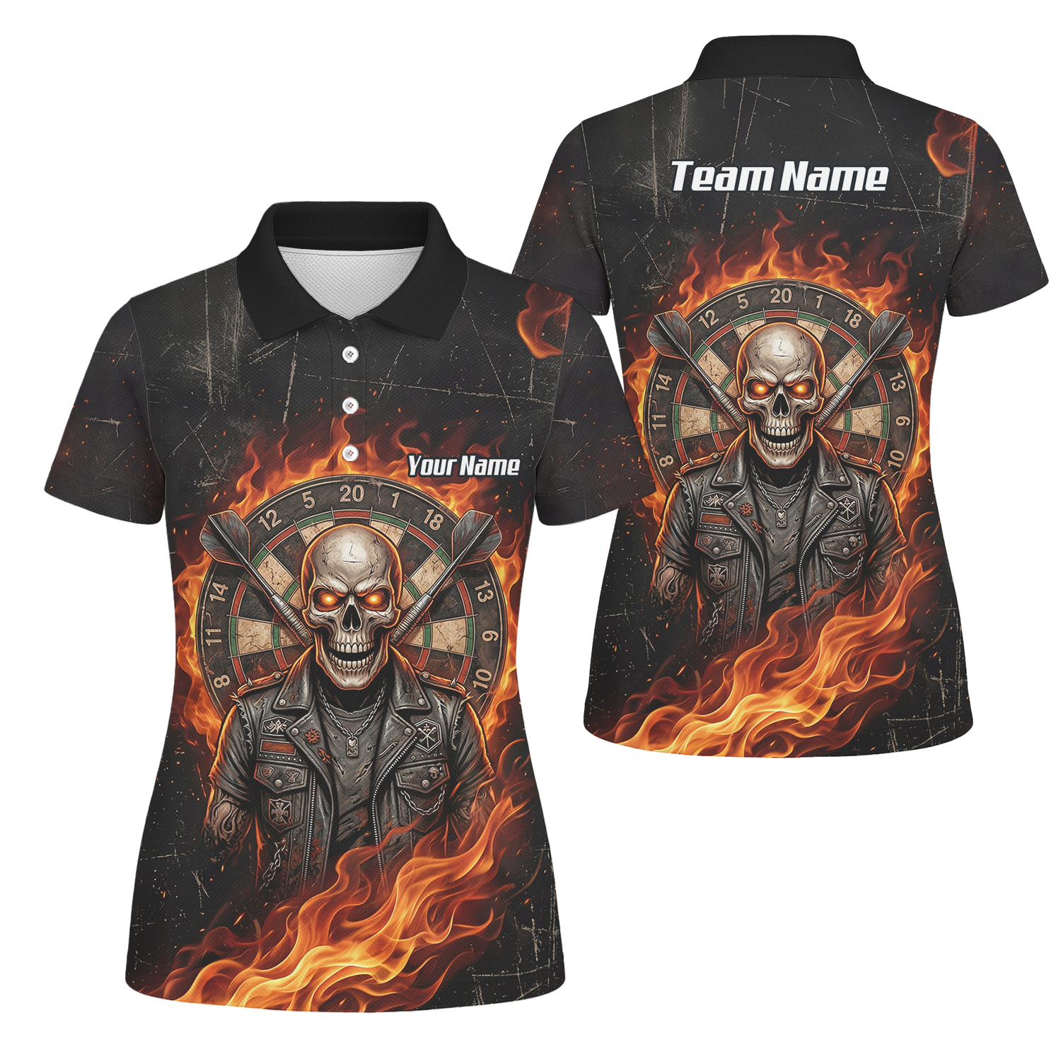 Personalised Flaming Skull Dart Jersey for Women Custom Name Team Biker Dartboard Polo Shirt Black Orange D8924