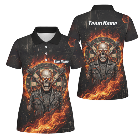 Personalised Flaming Skull Dart Jersey for Women Custom Name Team Biker Dartboard Polo Shirt Black Orange D8924