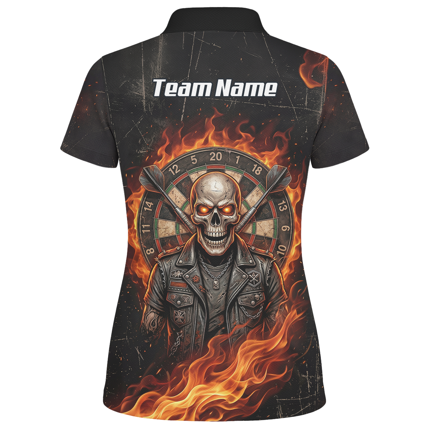 Personalised Flaming Skull Dart Jersey for Women Custom Name Team Biker Dartboard Polo Shirt Black Orange D8924