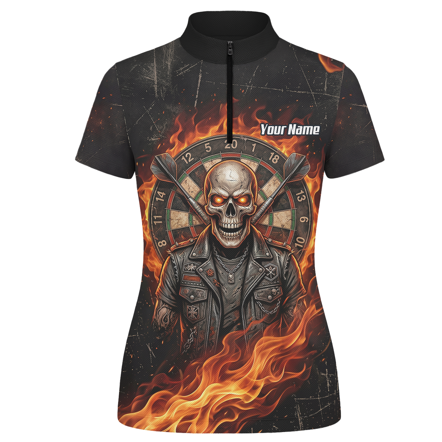 Personalised Flaming Skull Dart Jersey for Women Custom Name Team Biker Dartboard Polo Shirt Black Orange D8924