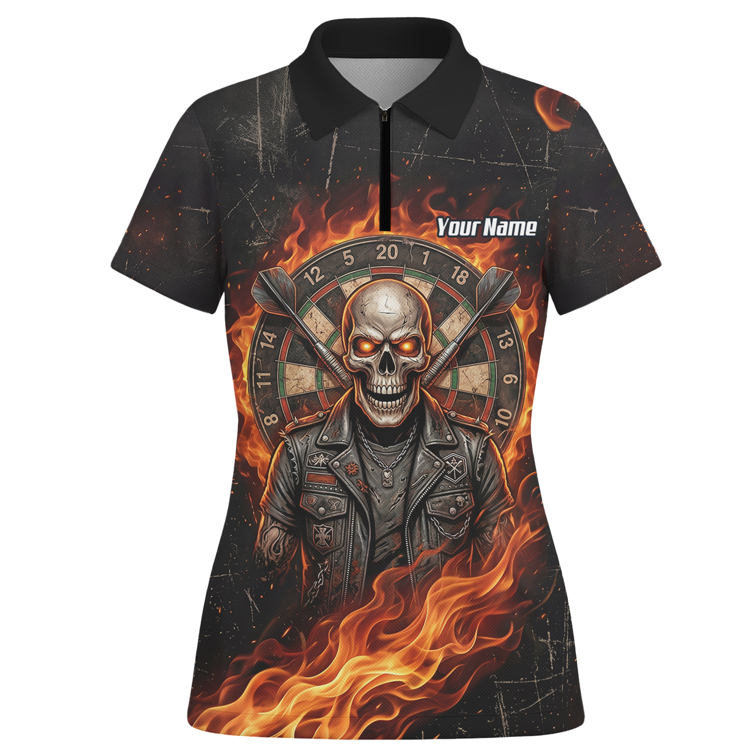 Personalised Flaming Skull Dart Jersey for Women Custom Name Team Biker Dartboard Polo Shirt Black Orange D8924