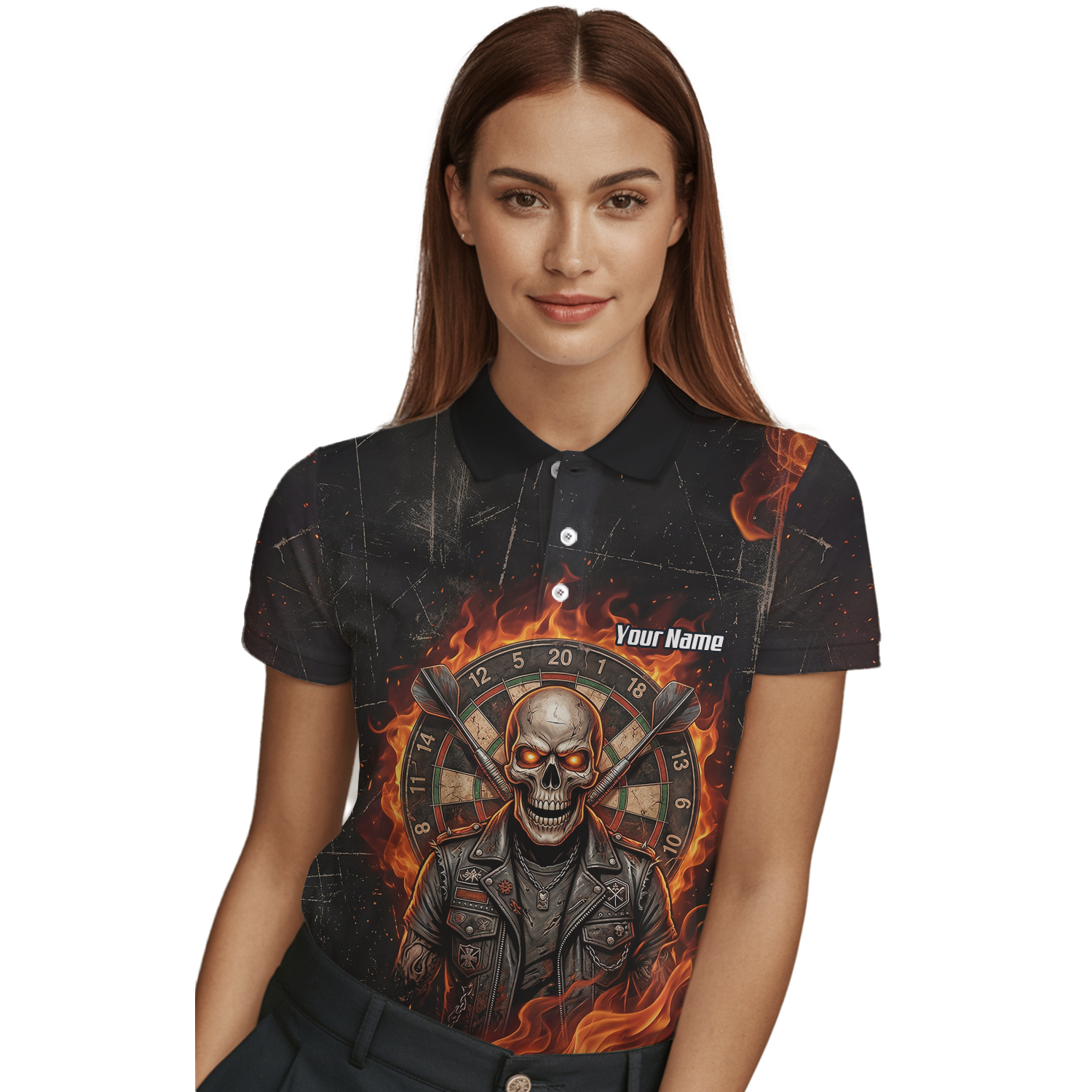 Personalised Flaming Skull Dart Jersey for Women Custom Name Team Biker Dartboard Polo Shirt Black Orange D8924