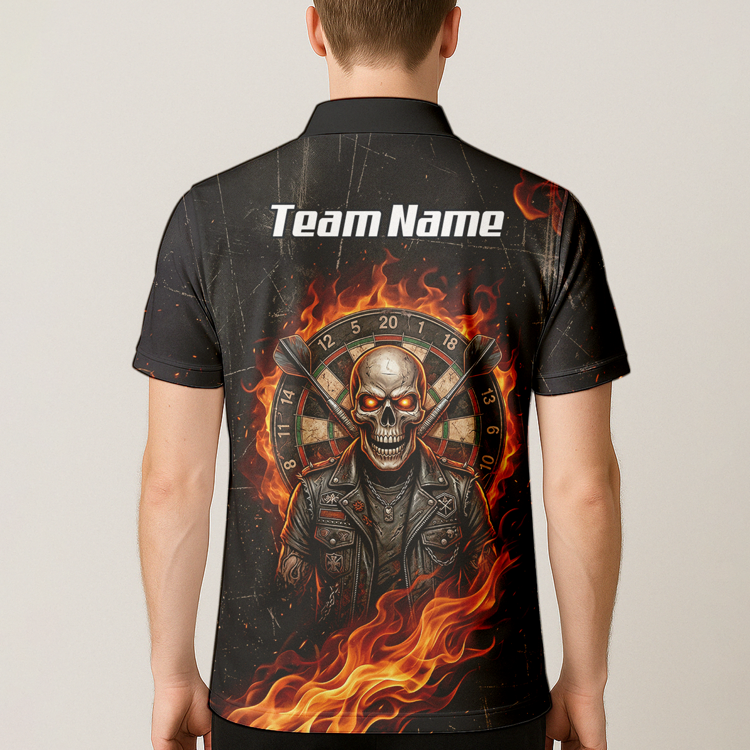Personalised Flaming Skull Dart Jersey for Men Custom Name Team Biker Dartboard Polo Shirt Black Orange D8924