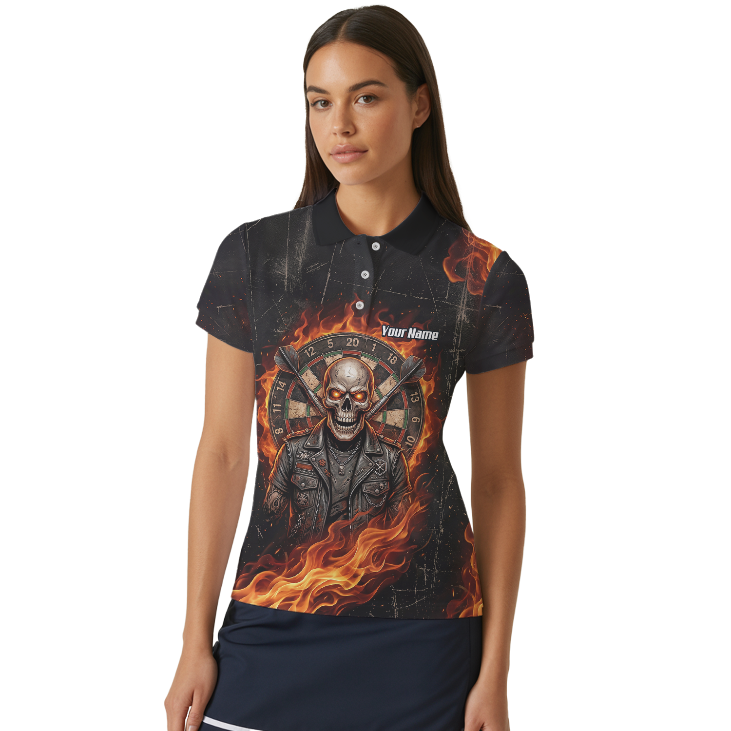 Personalised Flaming Skull Dart Jersey for Women Custom Name Team Biker Dartboard Polo Shirt Black Orange D8924