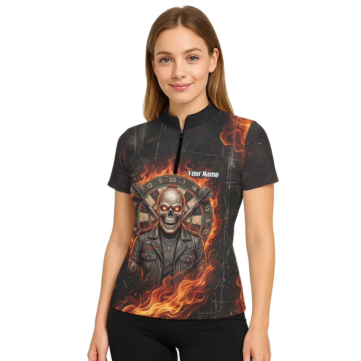 Personalised Flaming Skull Dart Jersey for Women Custom Name Team Biker Dartboard Polo Shirt Black Orange D8924