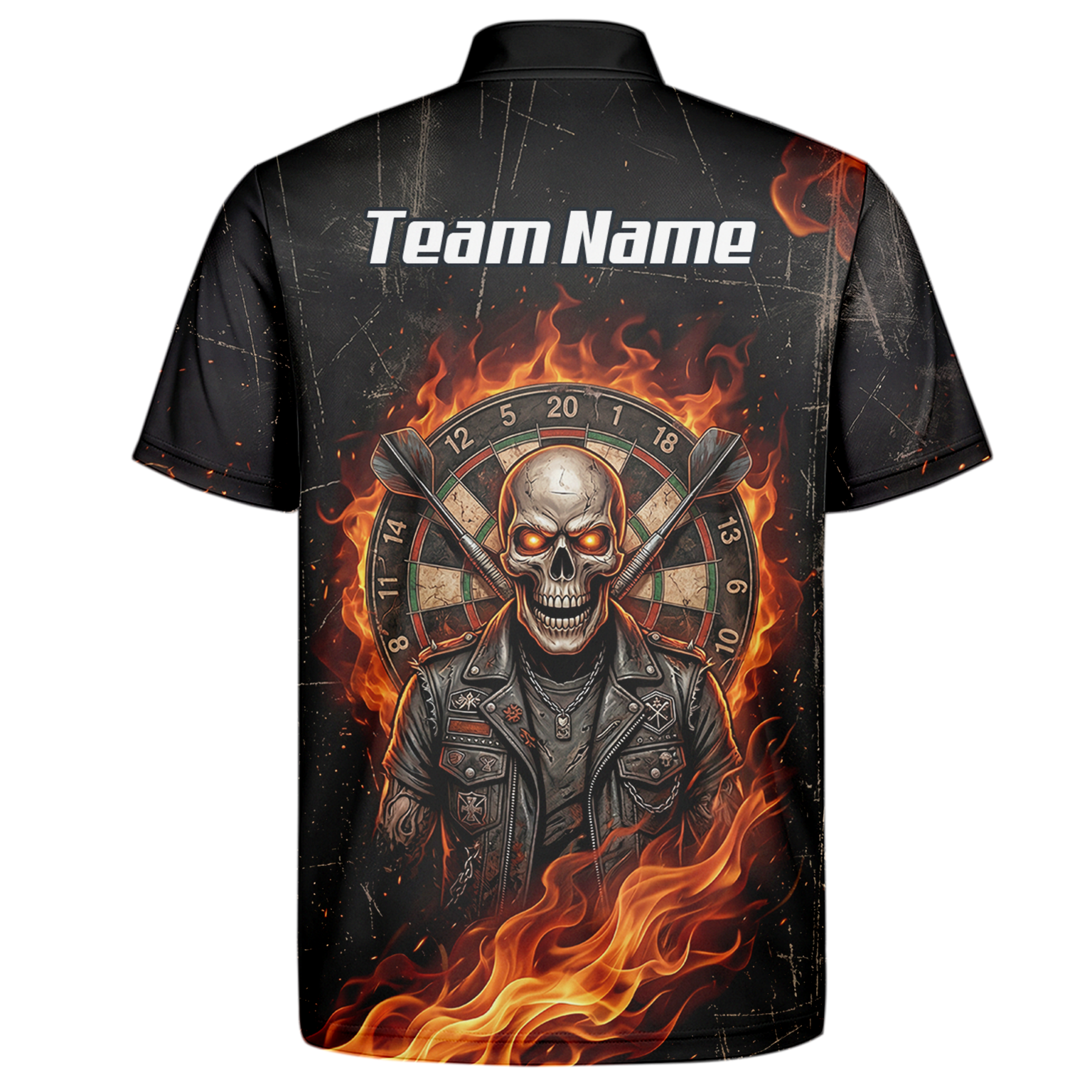 Personalised Flaming Skull Dart Jersey for Men Custom Name Team Biker Dartboard Polo Shirt Black Orange D8924