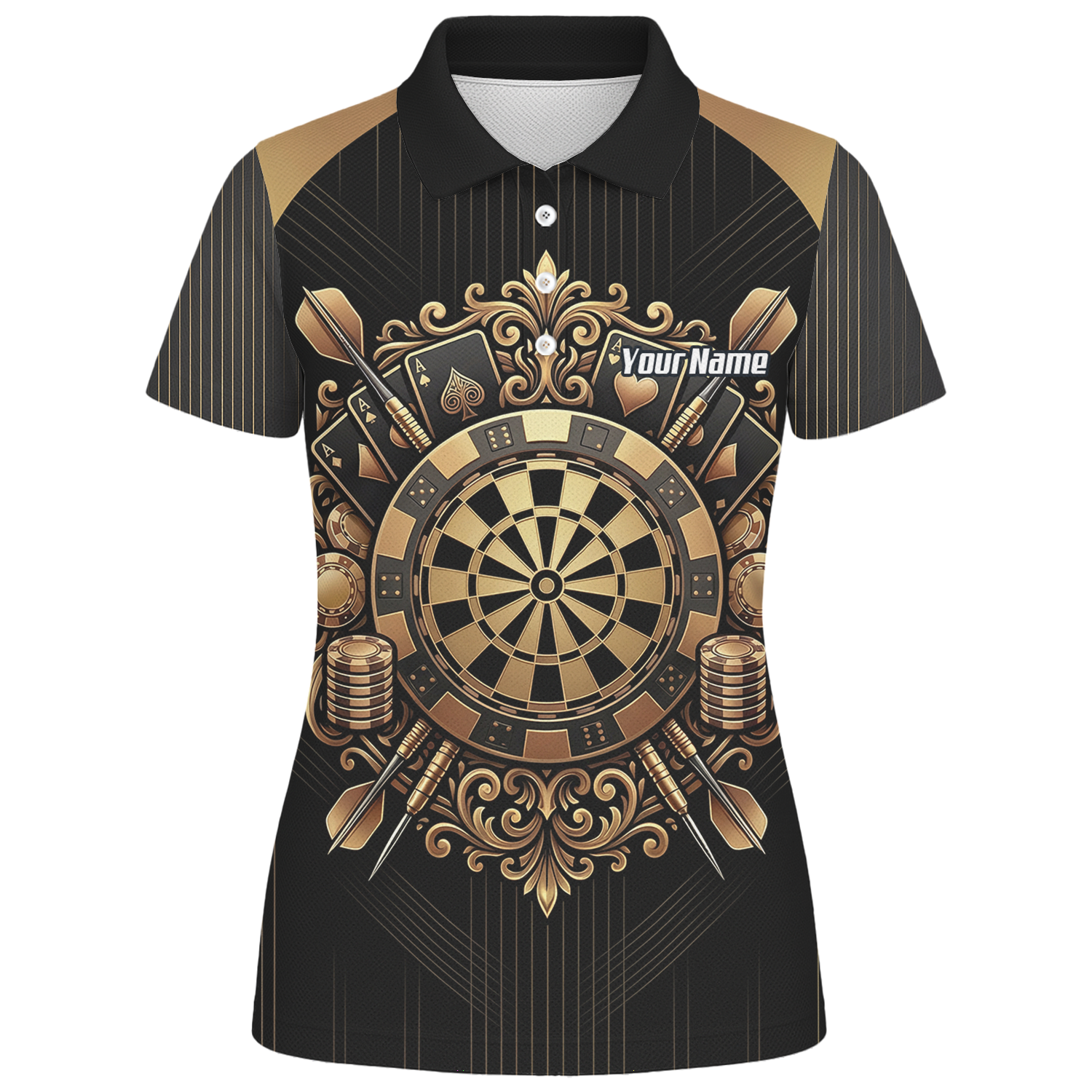 Personalised Women's Dart Jersey Black and Gold Casino Theme Polo Shirt Custom Name and Team Sublimated Dart Shirt D9179