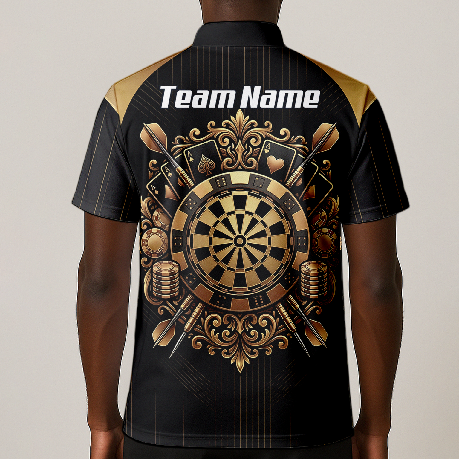 Personalised Men's Dart Jersey Black and Gold Casino Theme Polo Shirt Custom Name and Team Sublimated Dart Shirt D9179