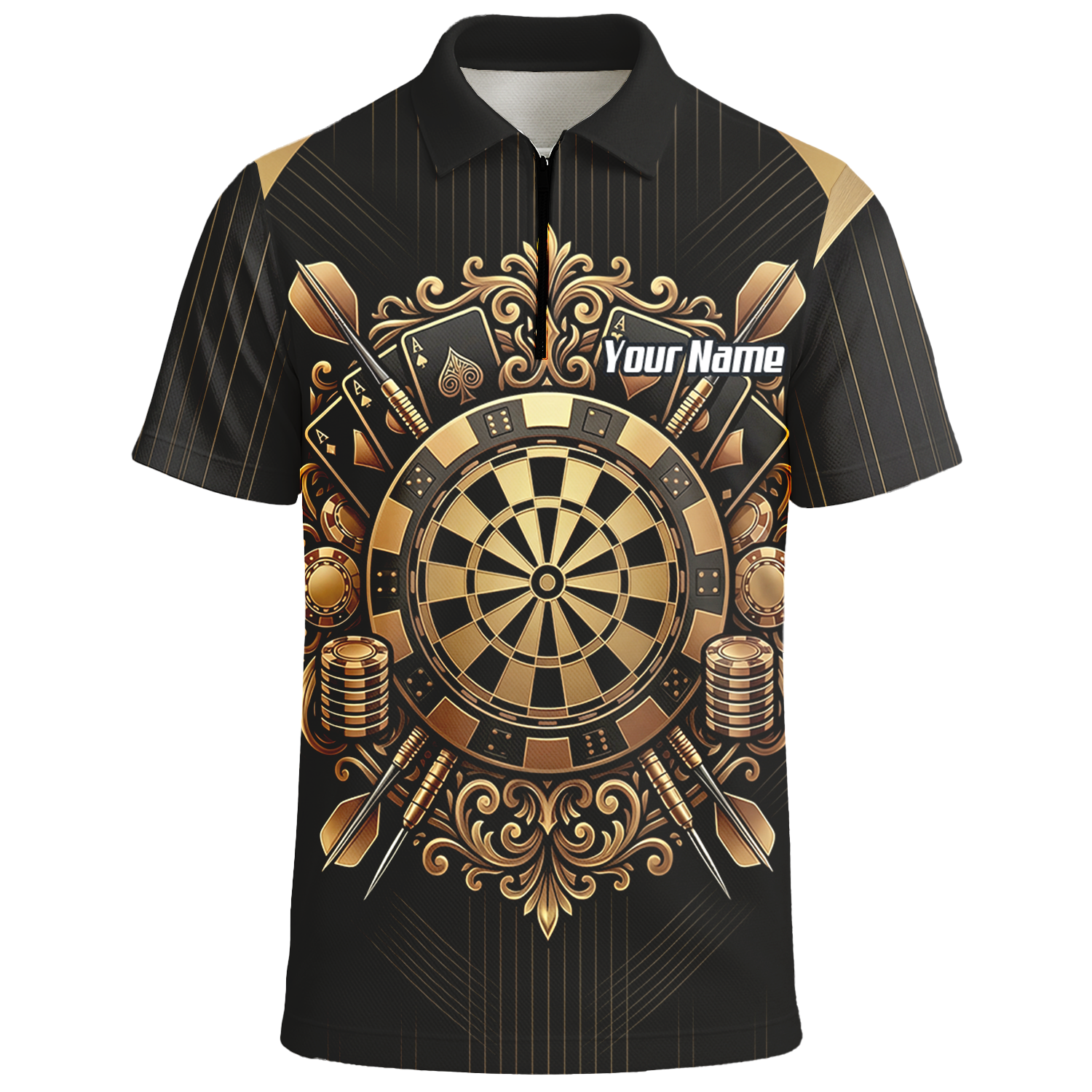 Personalised Men's Dart Jersey Black and Gold Casino Theme Polo Shirt Custom Name and Team Sublimated Dart Shirt D9179