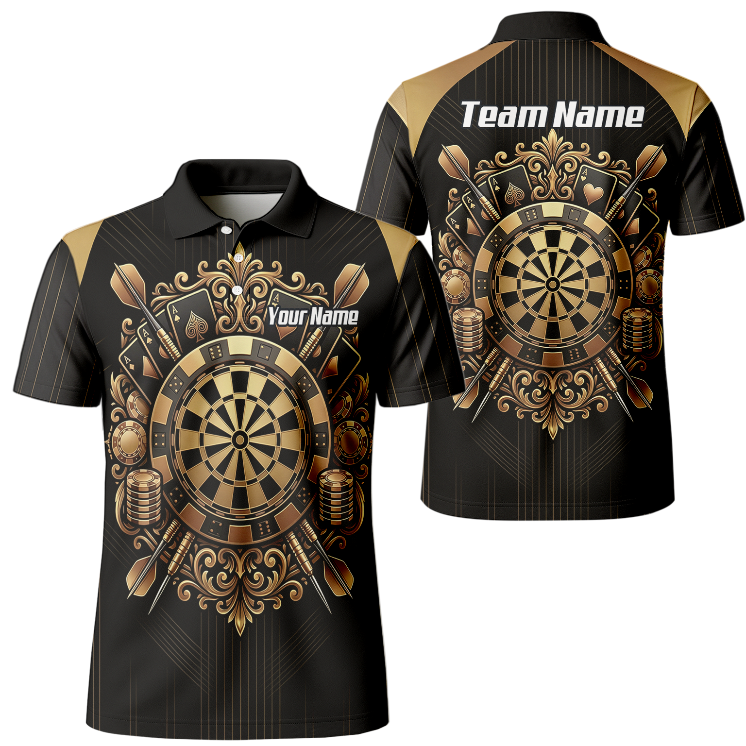 Personalised Men's Dart Jersey Black and Gold Casino Theme Polo Shirt Custom Name and Team Sublimated Dart Shirt D9179
