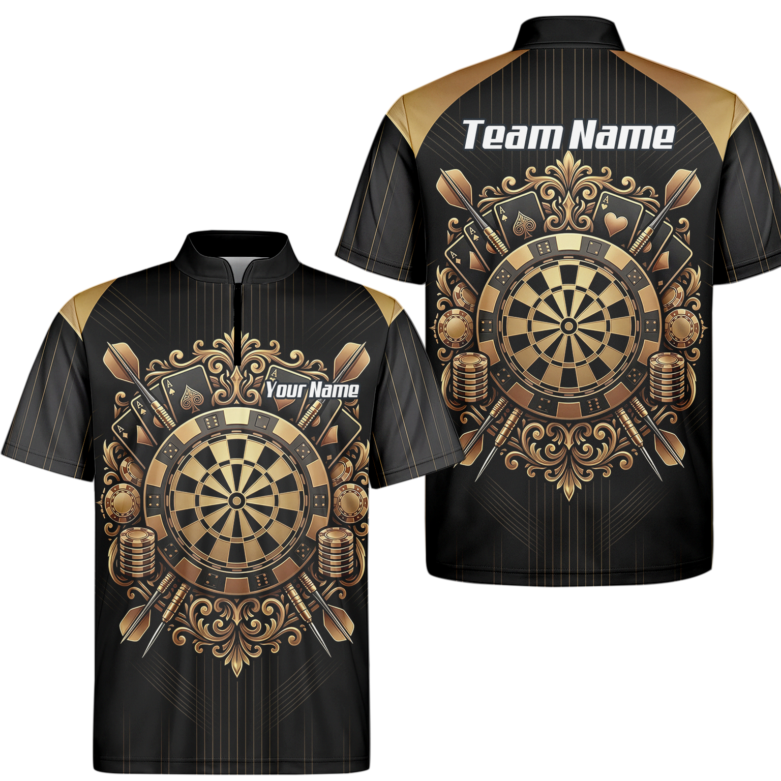 Personalised Men's Dart Jersey Black and Gold Casino Theme Polo Shirt Custom Name and Team Sublimated Dart Shirt D9179