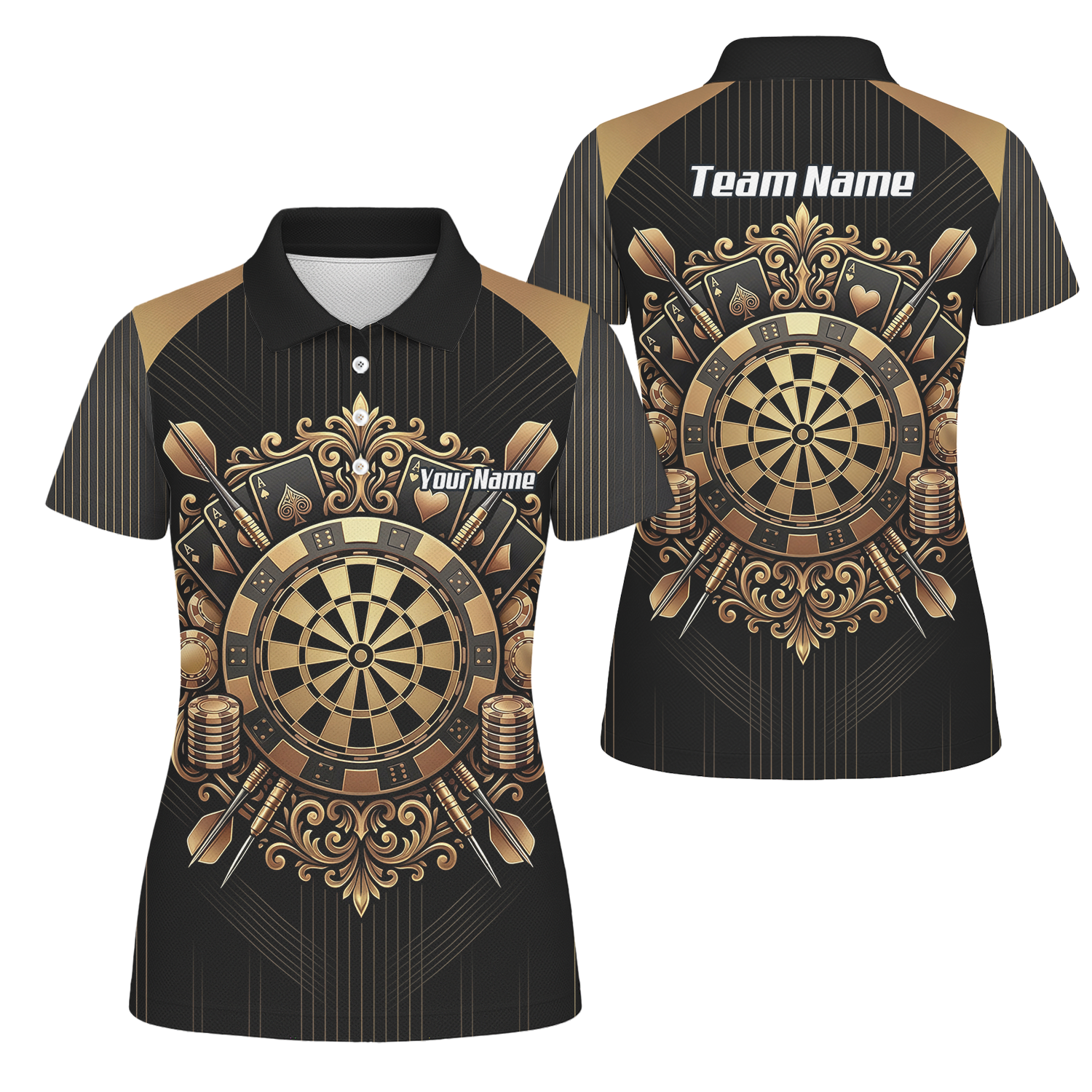 Personalised Women's Dart Jersey Black and Gold Casino Theme Polo Shirt Custom Name and Team Sublimated Dart Shirt D9179