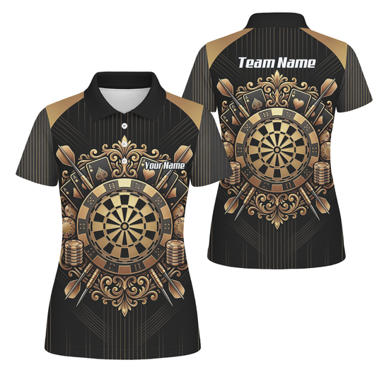 Personalised Women's Dart Jersey Black and Gold Casino Theme Polo Shirt Custom Name and Team Sublimated Dart Shirt D9179