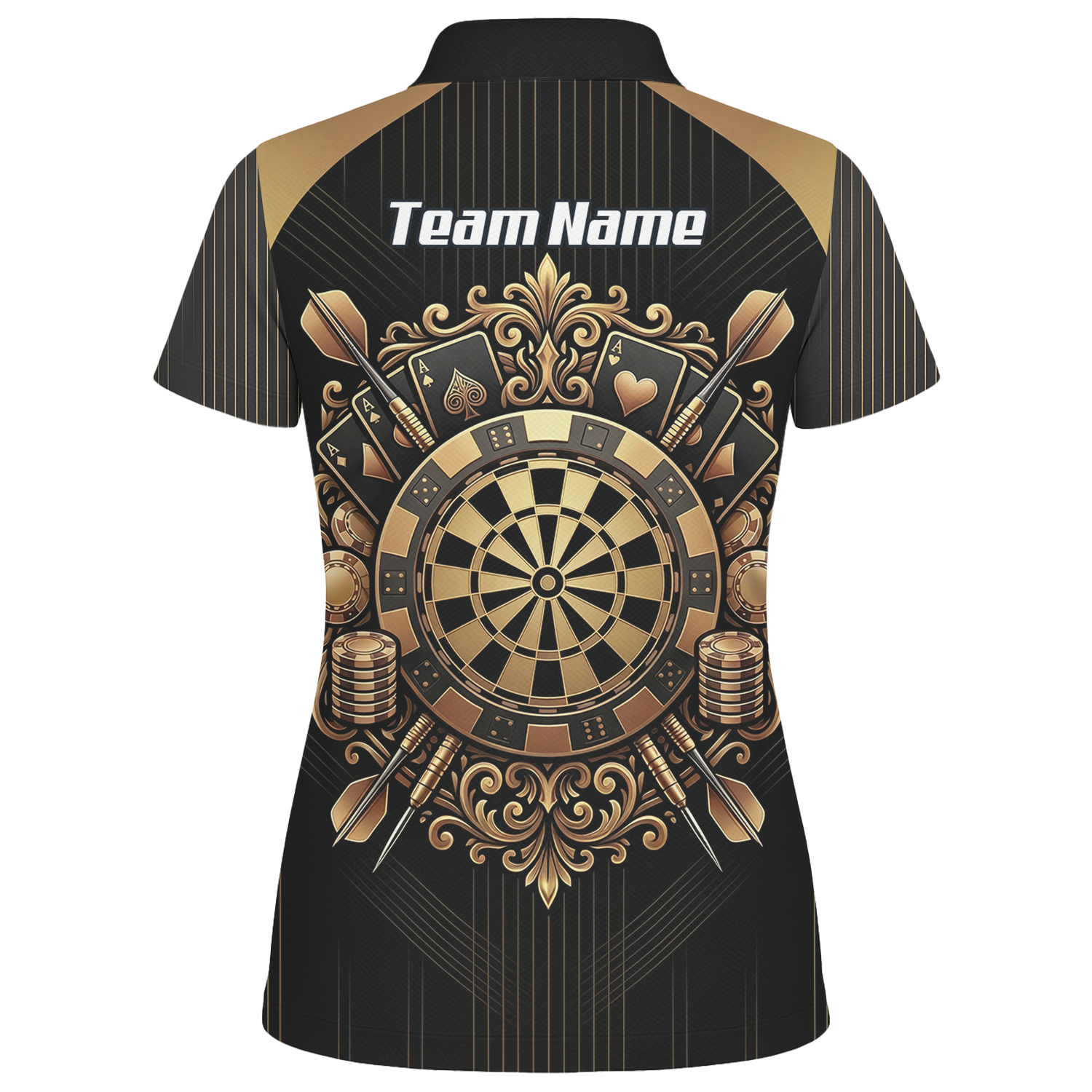 Personalised Women's Dart Jersey Black and Gold Casino Theme Polo Shirt Custom Name and Team Sublimated Dart Shirt D9179