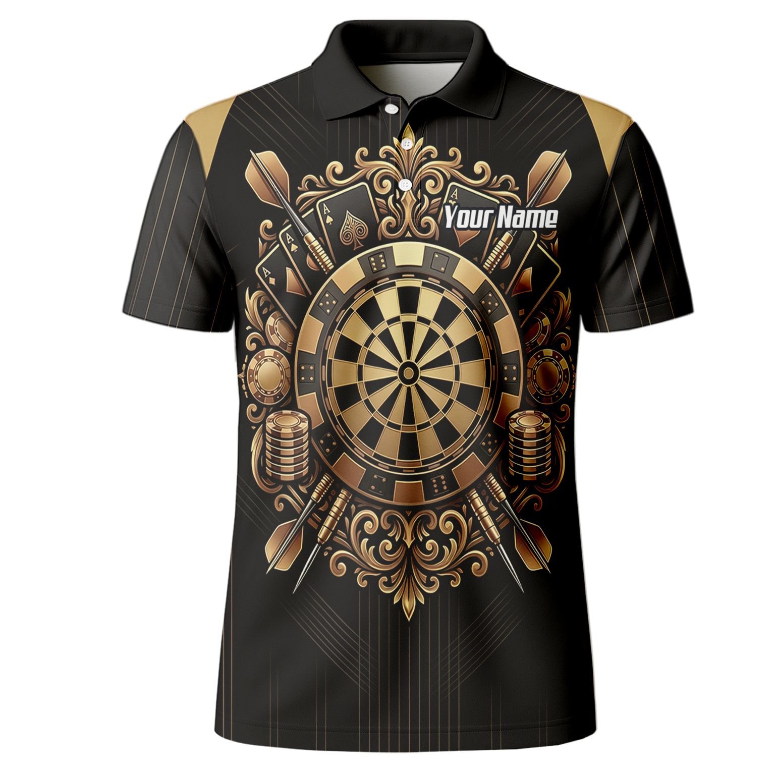 Personalised Men's Dart Jersey Black and Gold Casino Theme Polo Shirt Custom Name and Team Sublimated Dart Shirt D9179
