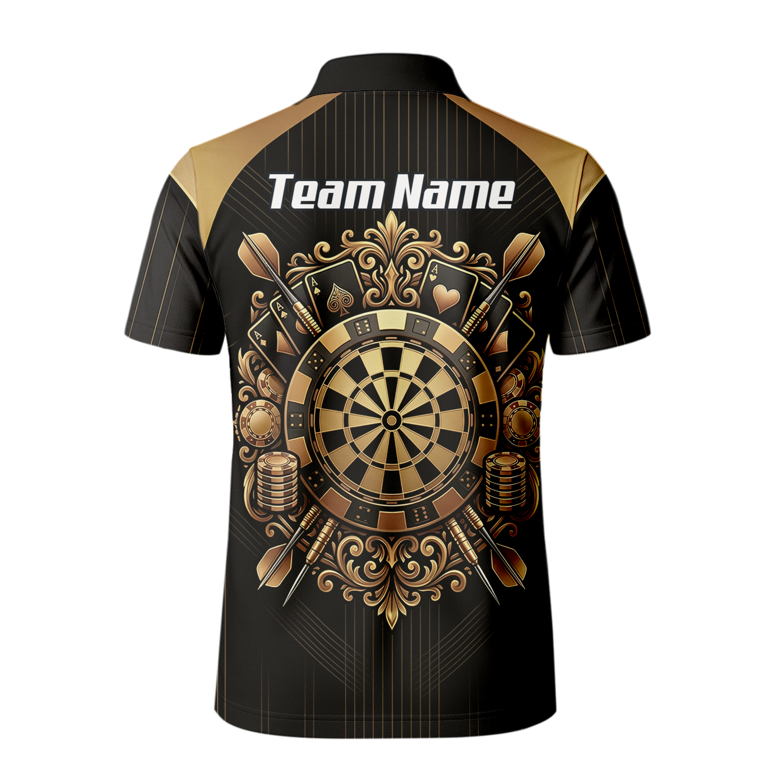 Personalised Men's Dart Jersey Black and Gold Casino Theme Polo Shirt Custom Name and Team Sublimated Dart Shirt D9179