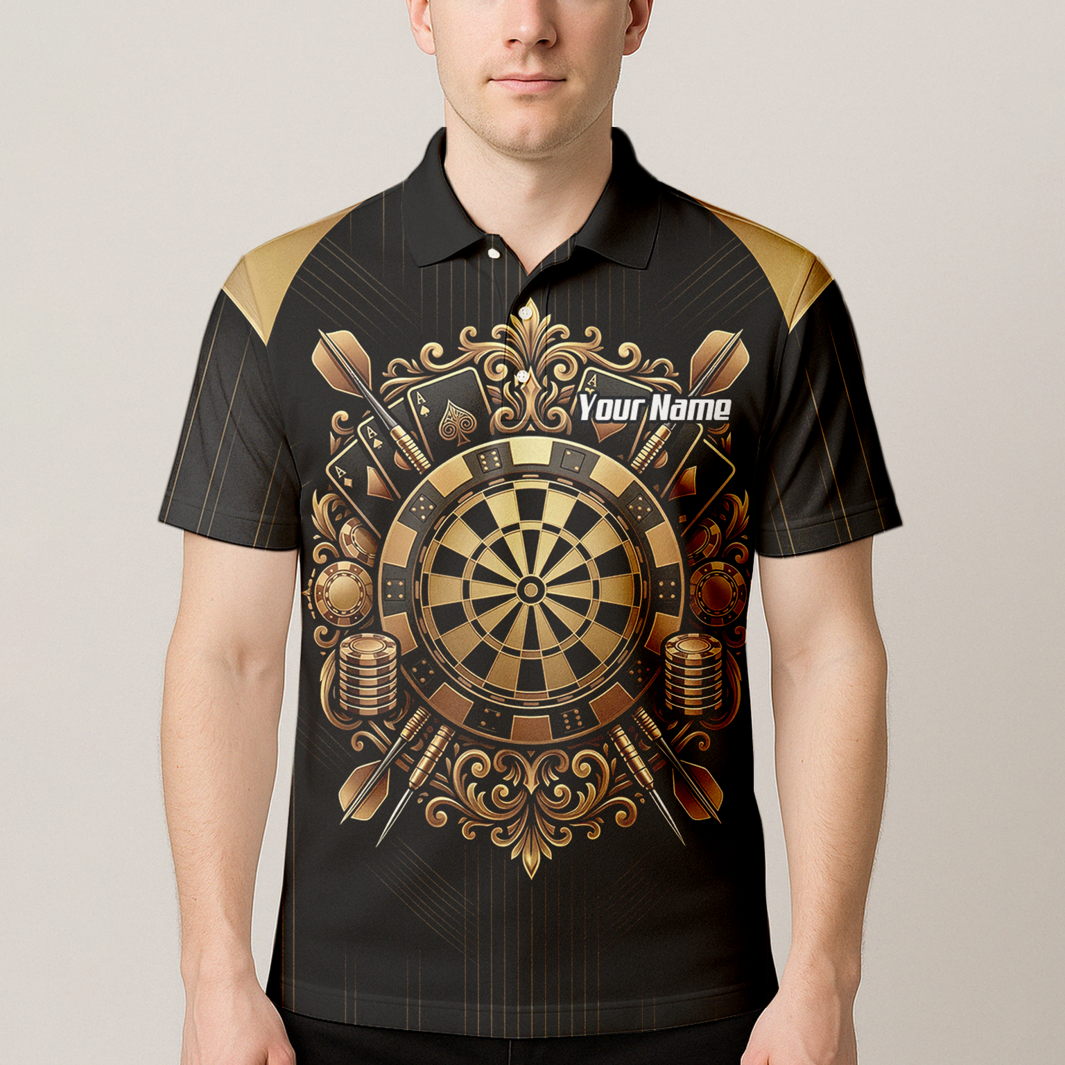 Personalised Men's Dart Jersey Black and Gold Casino Theme Polo Shirt Custom Name and Team Sublimated Dart Shirt D9179