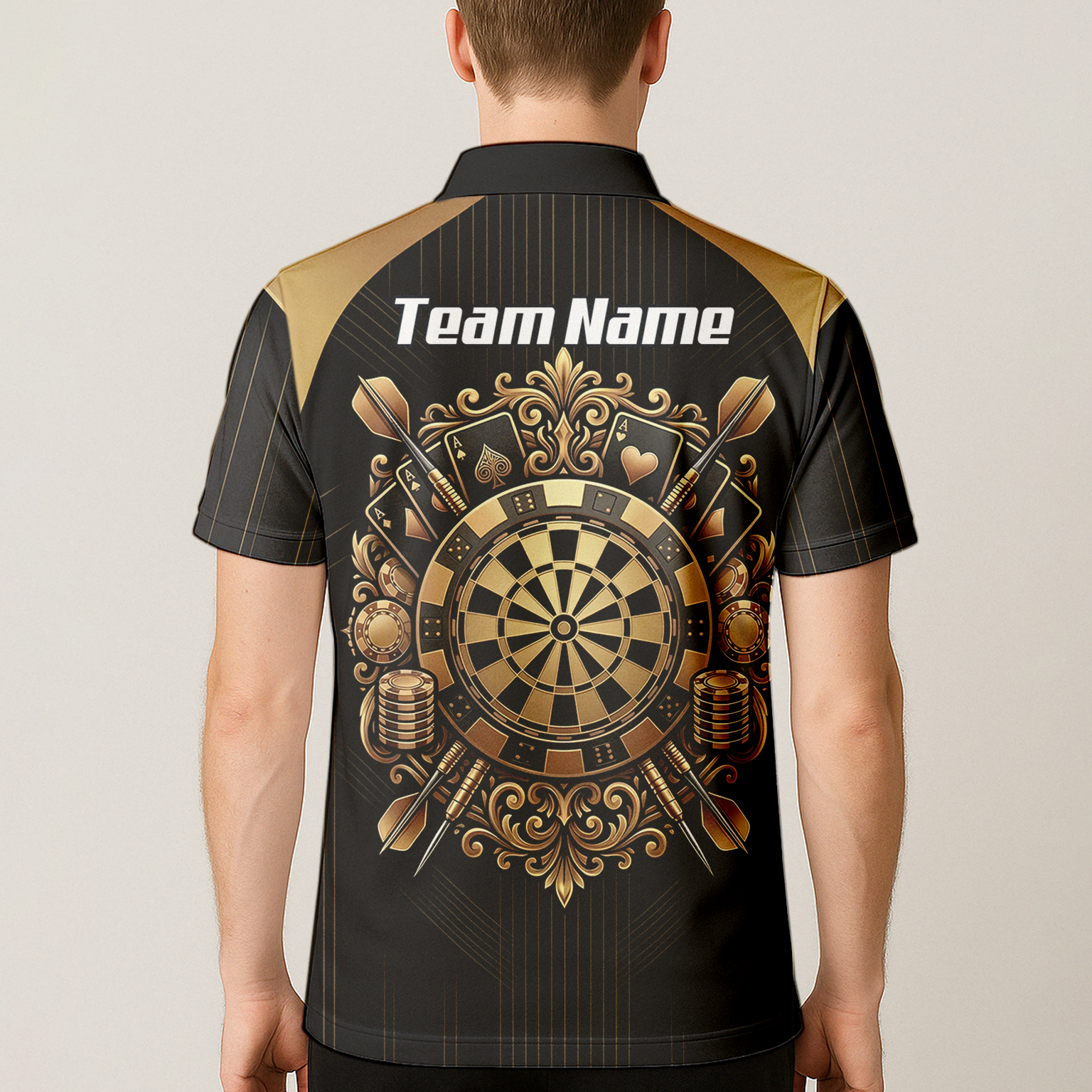Personalised Men's Dart Jersey Black and Gold Casino Theme Polo Shirt Custom Name and Team Sublimated Dart Shirt D9179