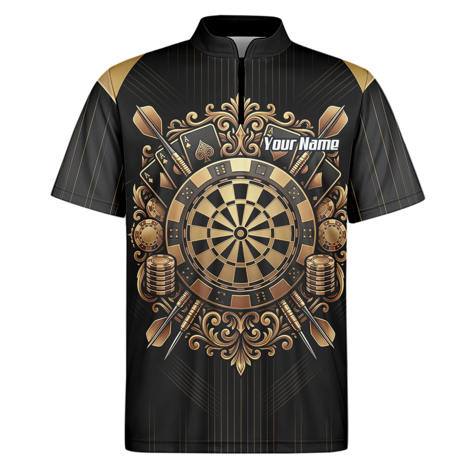 Personalised Men's Dart Jersey Black and Gold Casino Theme Polo Shirt Custom Name and Team Sublimated Dart Shirt D9179