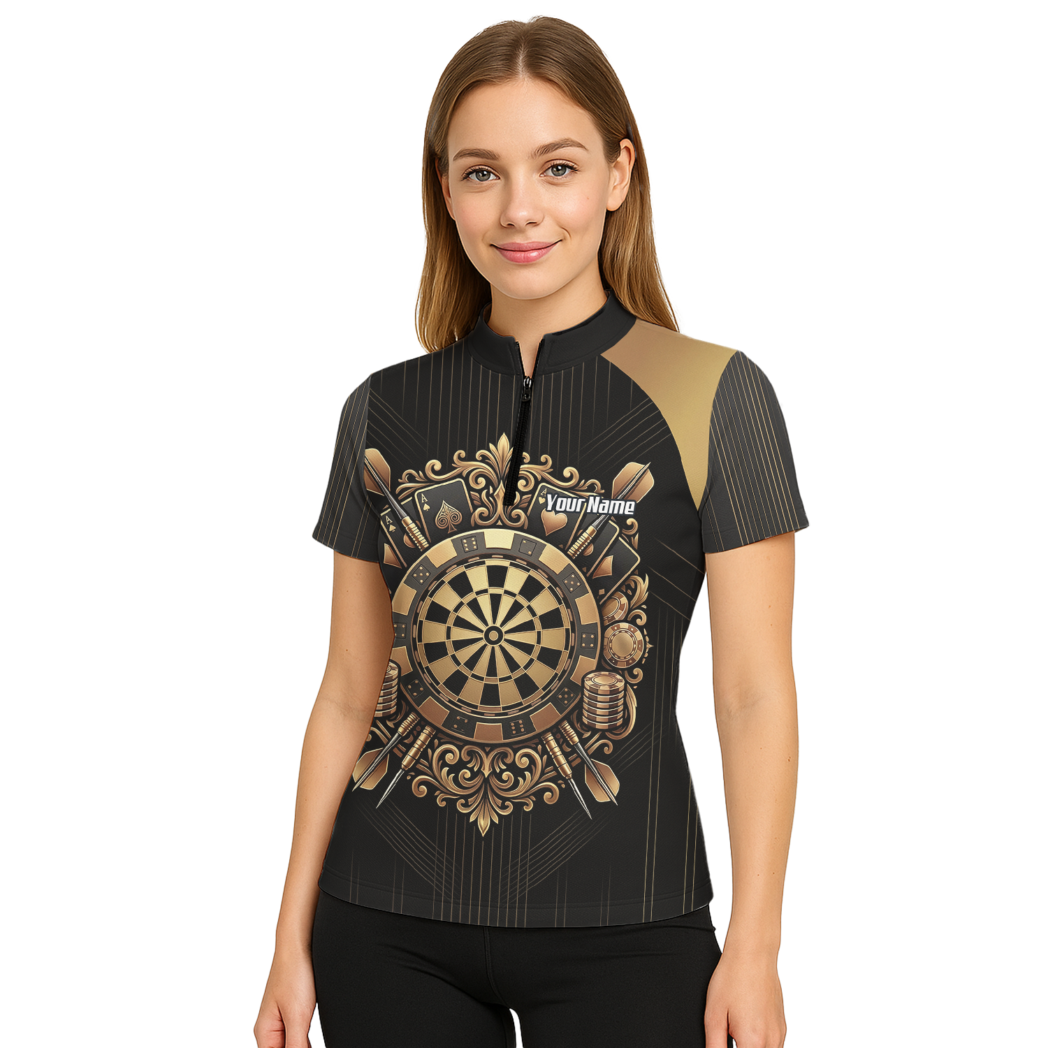 Personalised Women's Dart Jersey Black and Gold Casino Theme Polo Shirt Custom Name and Team Sublimated Dart Shirt D9179