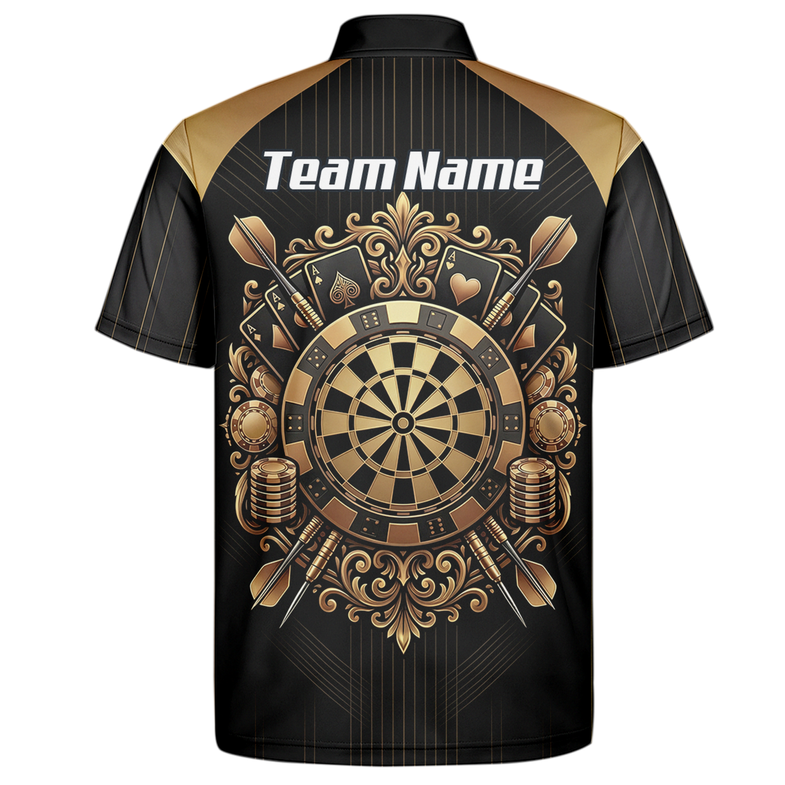 Personalised Men's Dart Jersey Black and Gold Casino Theme Polo Shirt Custom Name and Team Sublimated Dart Shirt D9179