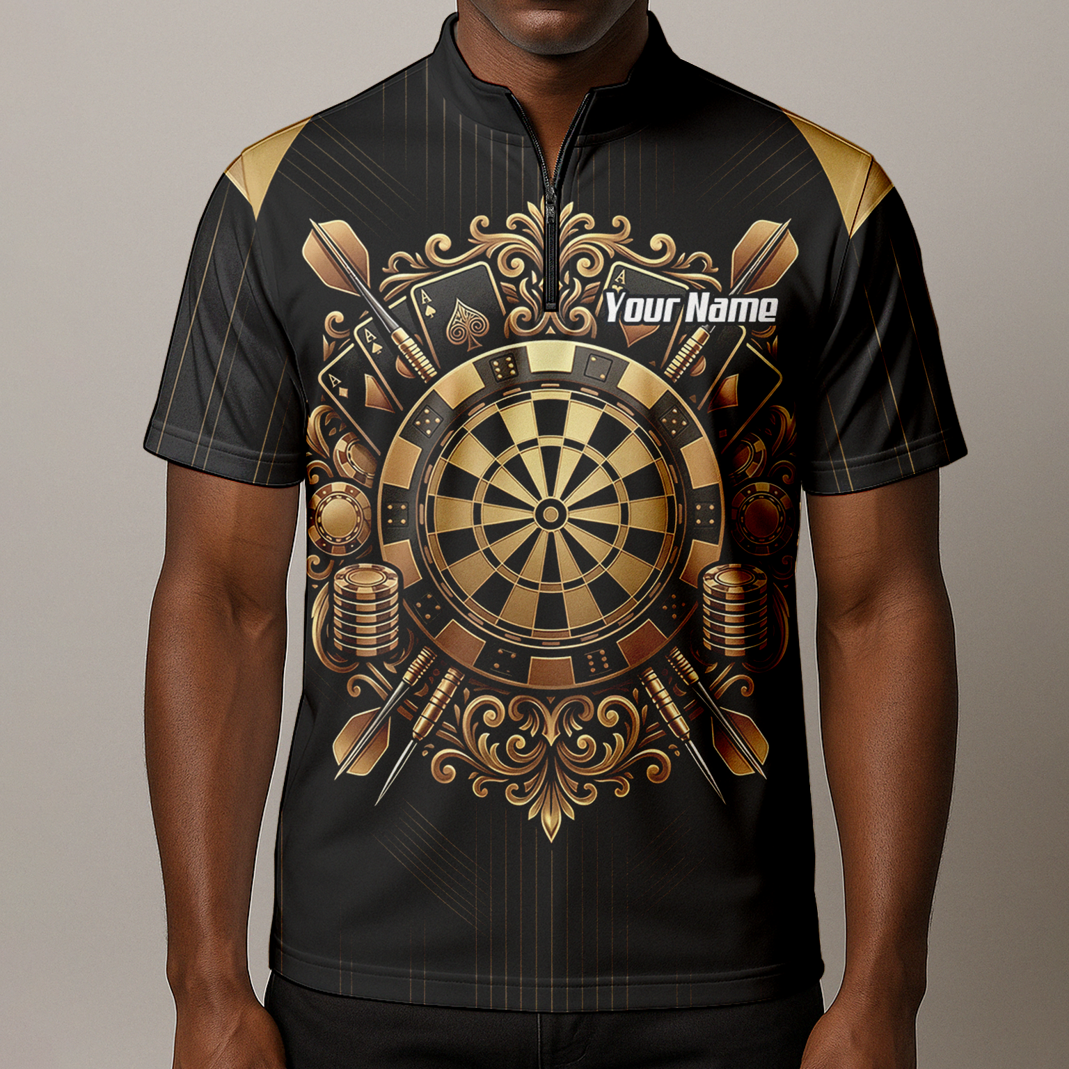 Personalised Men's Dart Jersey Black and Gold Casino Theme Polo Shirt Custom Name and Team Sublimated Dart Shirt D9179